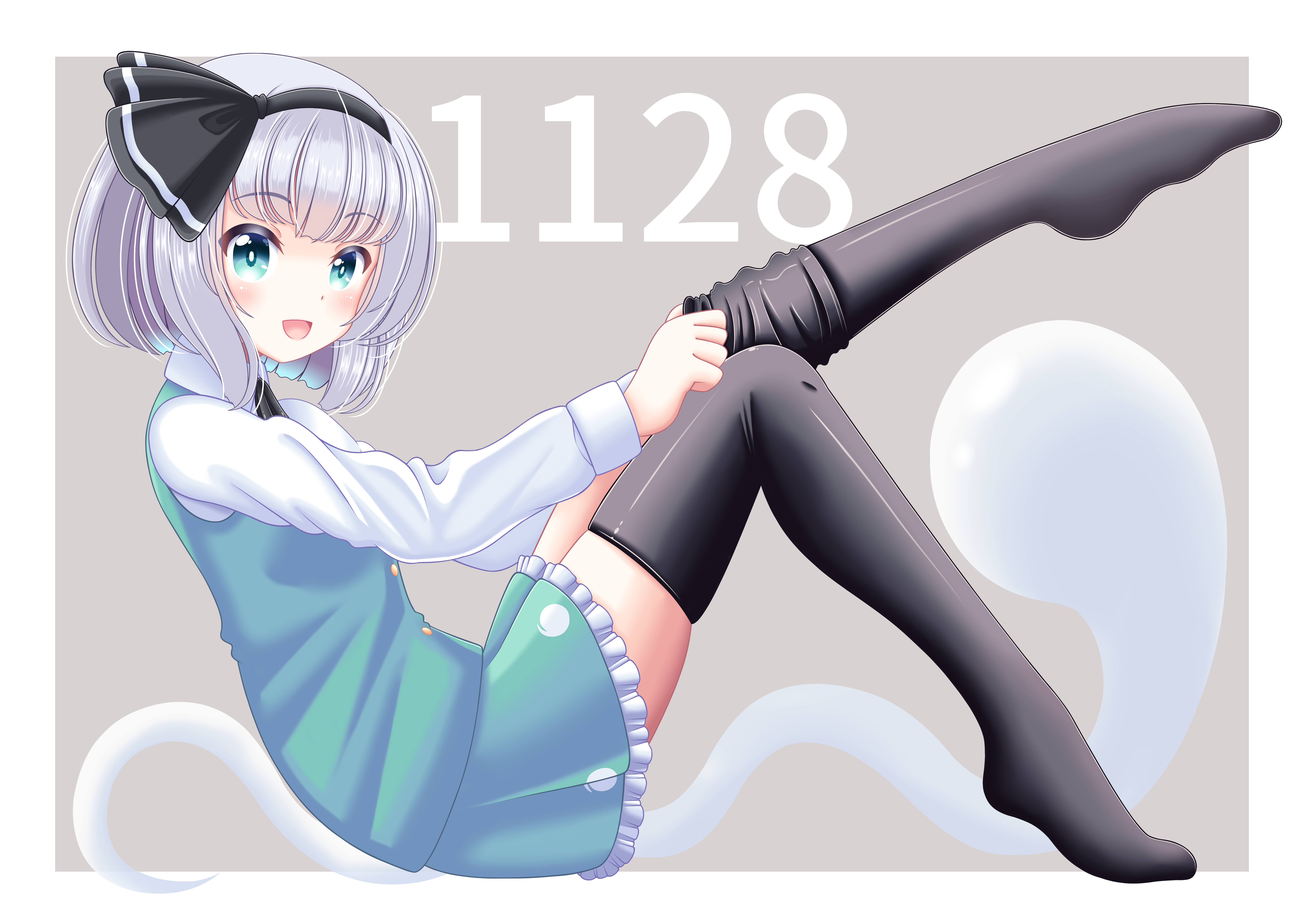 reimei (r758120518), konpaku youmu, konpaku youmu (ghost), touhou, absurdres, commentary, commentary request, highres, 1girl, black hairband, border, bow hairband, dated, dressing, frilled skirt, frills, from side, full body, green eyes, green shirt, green skirt, hairband, hitodama, hitodama print, miniskirt, no shoes, outside border, print skirt, shirt, short hair, skindentation, skirt, solo, thighhighs, white border, white hair, zettai ryouiki