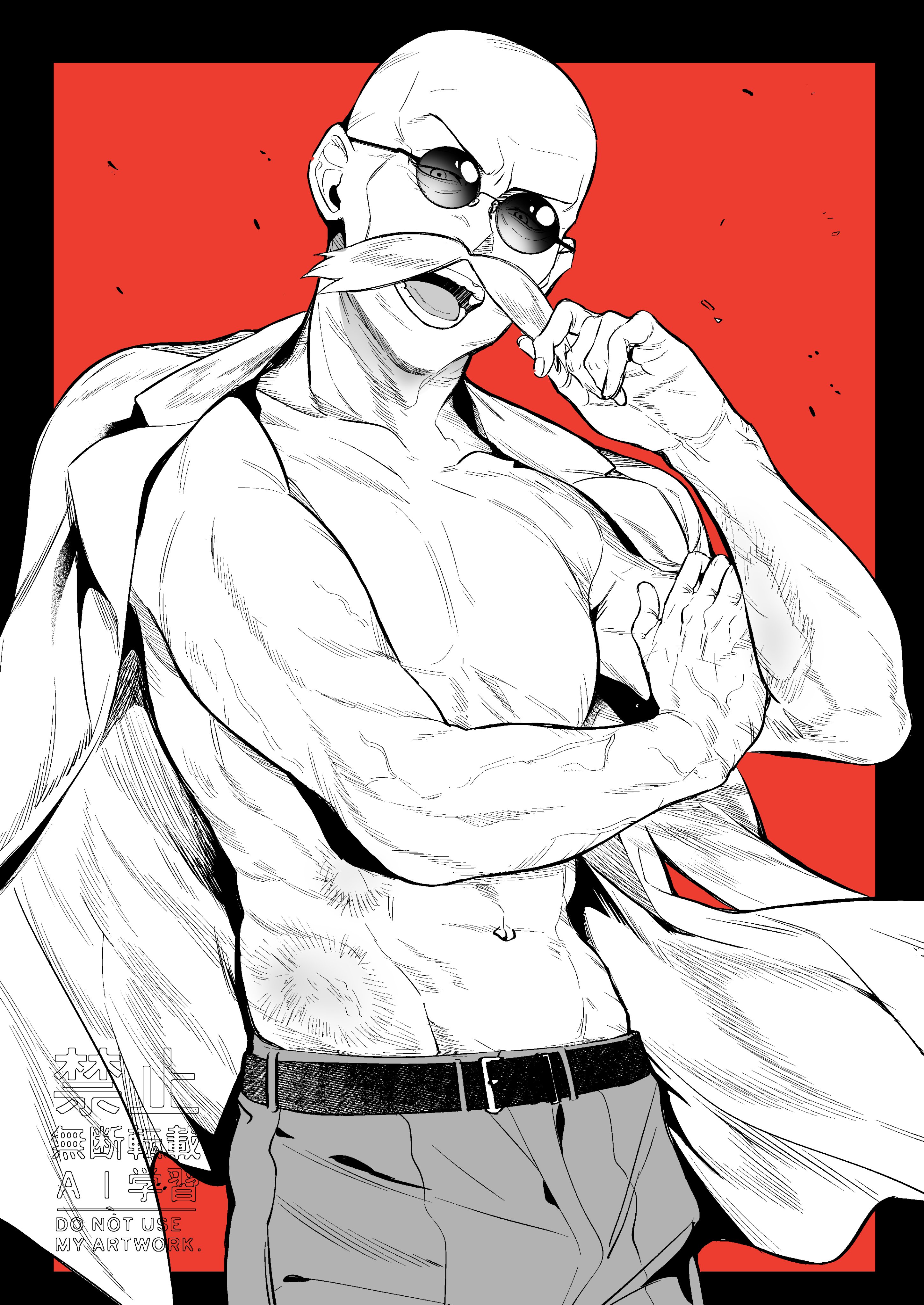 nazuka jyo, blaine (pokemon), nintendo, pokemon, pokemon rgby, absurdres, highres, 1boy, bald, belt, black background, facial hair, glasses, greyscale with colored background, hand on own arm, jacket, jacket on shoulders, male focus, manly, muscular, muscular male, mustache, old, old man, open mouth, pants, round eyewear, simple background, solo, topless male, twirling mustache, two-tone background, watermark