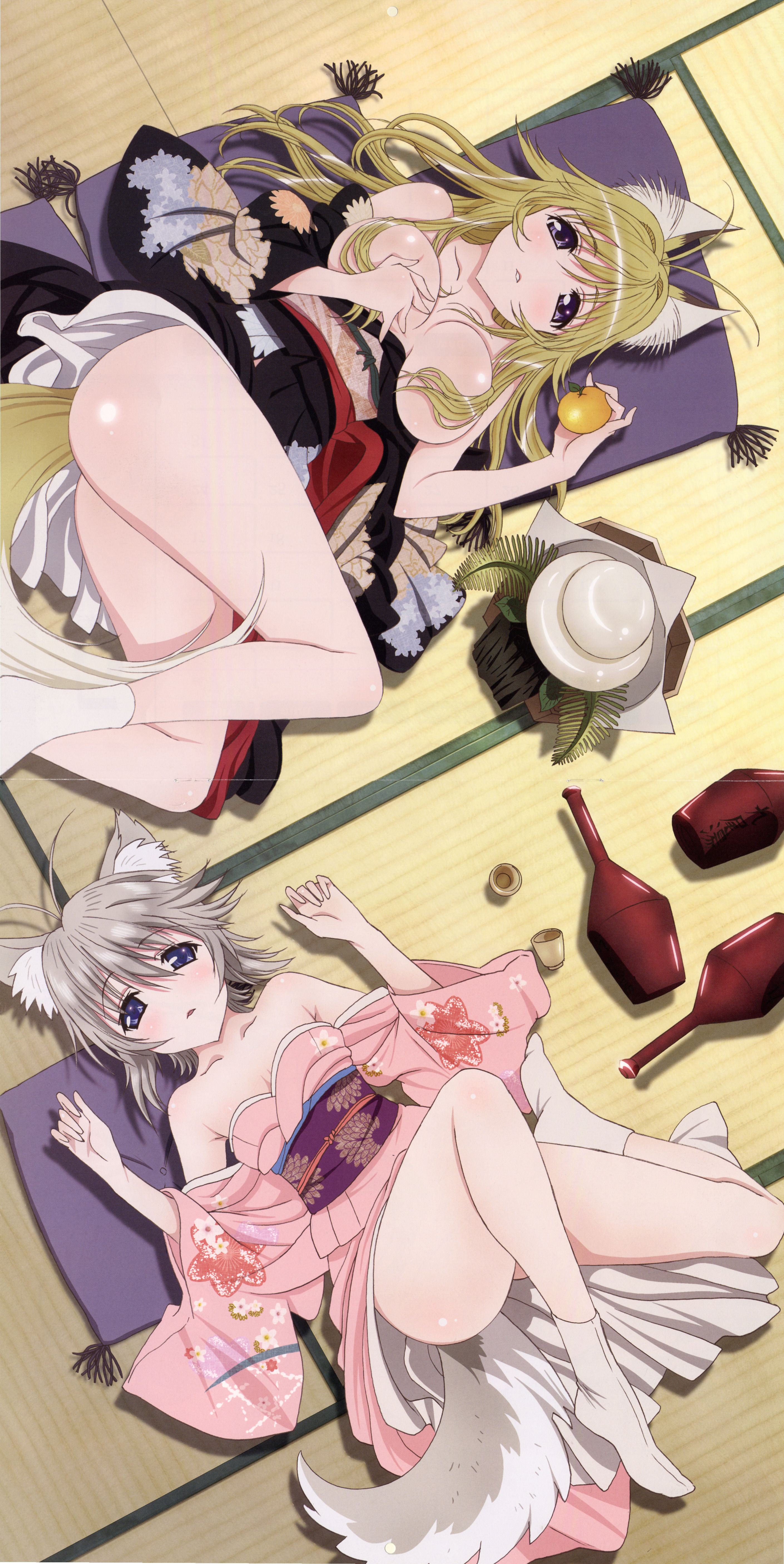 takami akio, ezomori nozomu, minamoto chizuru, kanokon, silver hair, absurdres, highres, scan, scan artifacts, 00s, 2girls, animal ears, antenna hair, bare shoulders, blonde hair, blue eyes, blush, bottle, breasts, censored, cleavage, convenient censoring, cup, flat chest, flower, food, fox ears, fruit, hair censor, hair over breasts, japanese clothes, kimono, large breasts, long hair, lying, mandarin orange, multiple girls, no nose, off shoulder, orange (fruit), purple eyes, scan error, short hair, socks, tail, tatami, wolf ears