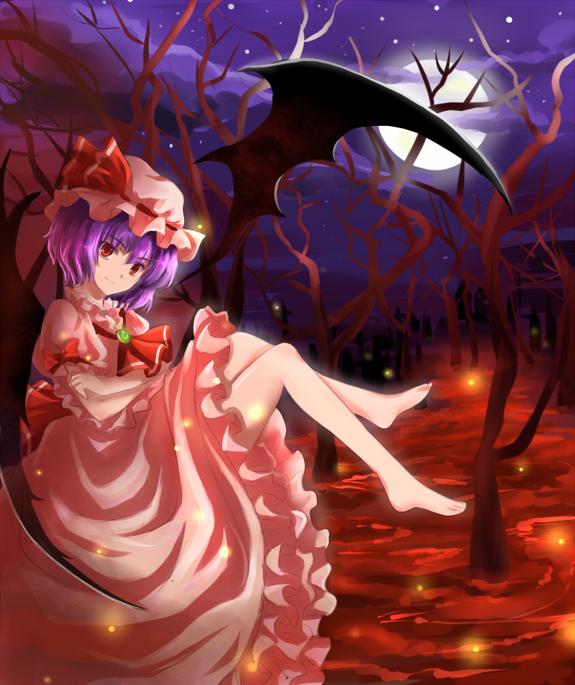 w rong, remilia scarlet, touhou, bad id, bad pixiv id, 1girl, bare tree, barefoot, bat wings, crossed arms, feet, female focus, full moon, hat, moon, night, night sky, purple hair, red eyes, sky, smile, solo, tree, wings