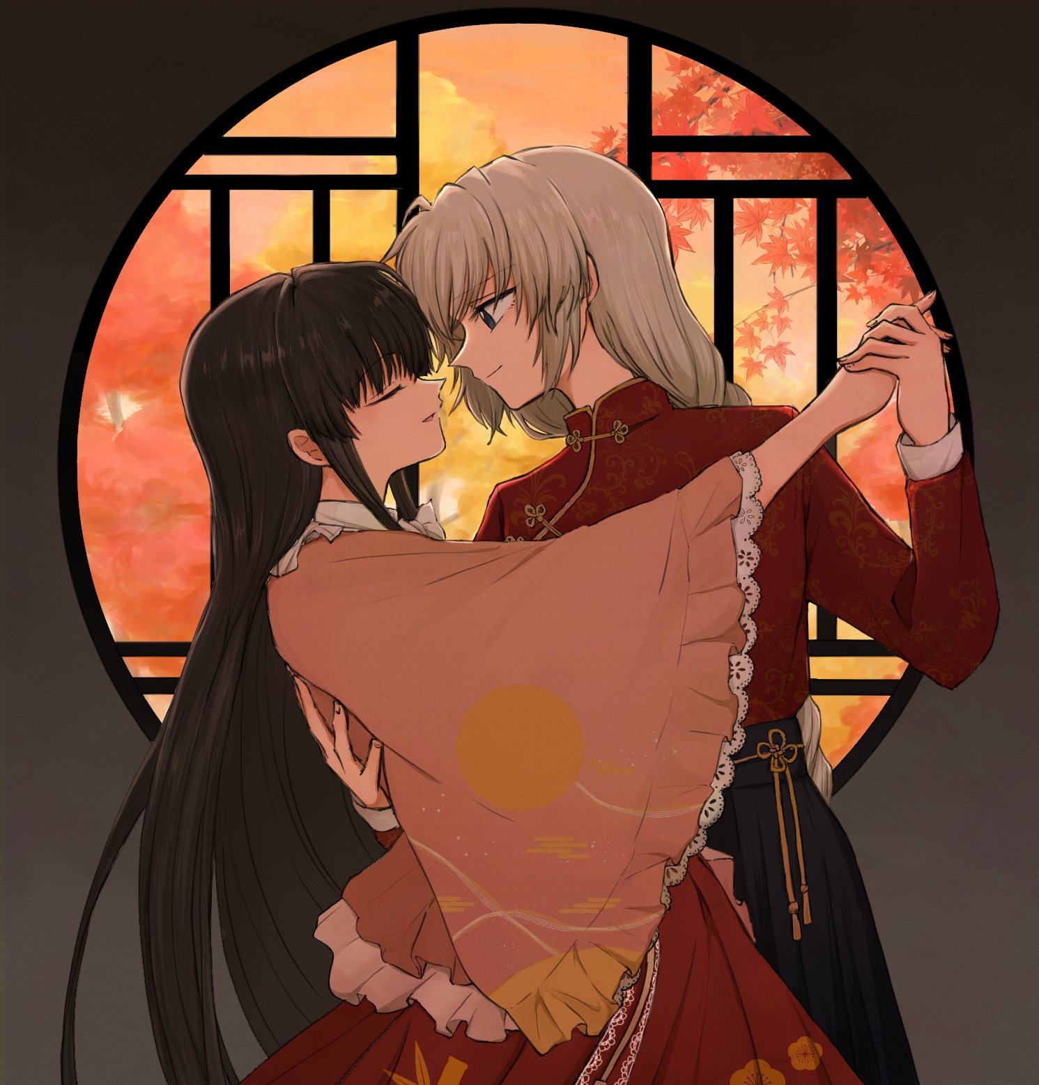mochimo-cheese, houraisan kaguya, yagokoro eirin, touhou, commentary, highres, 2girls, autumn, autumn leaves, black hair, closed eyes, dancing, frilled sleeves, frills, hand on another's back, holding hands, leaf, long hair, looking at another, multiple girls, parted lips, pink shirt, print skirt, red shirt, red skirt, shirt, skirt, tree, white hair, wide sleeves, window