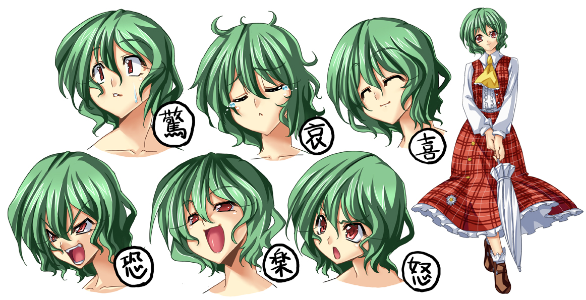 uemukai dai, kazami yuuka, touhou, bad id, bad pixiv id, translated, 1girl, :<, ascot, female focus, green hair, multiple expressions, plaid clothes, plaid skirt, plaid vest, red eyes, short hair, simple background, skirt, skirt set, solo, tears, uemuki dai, vest, white background