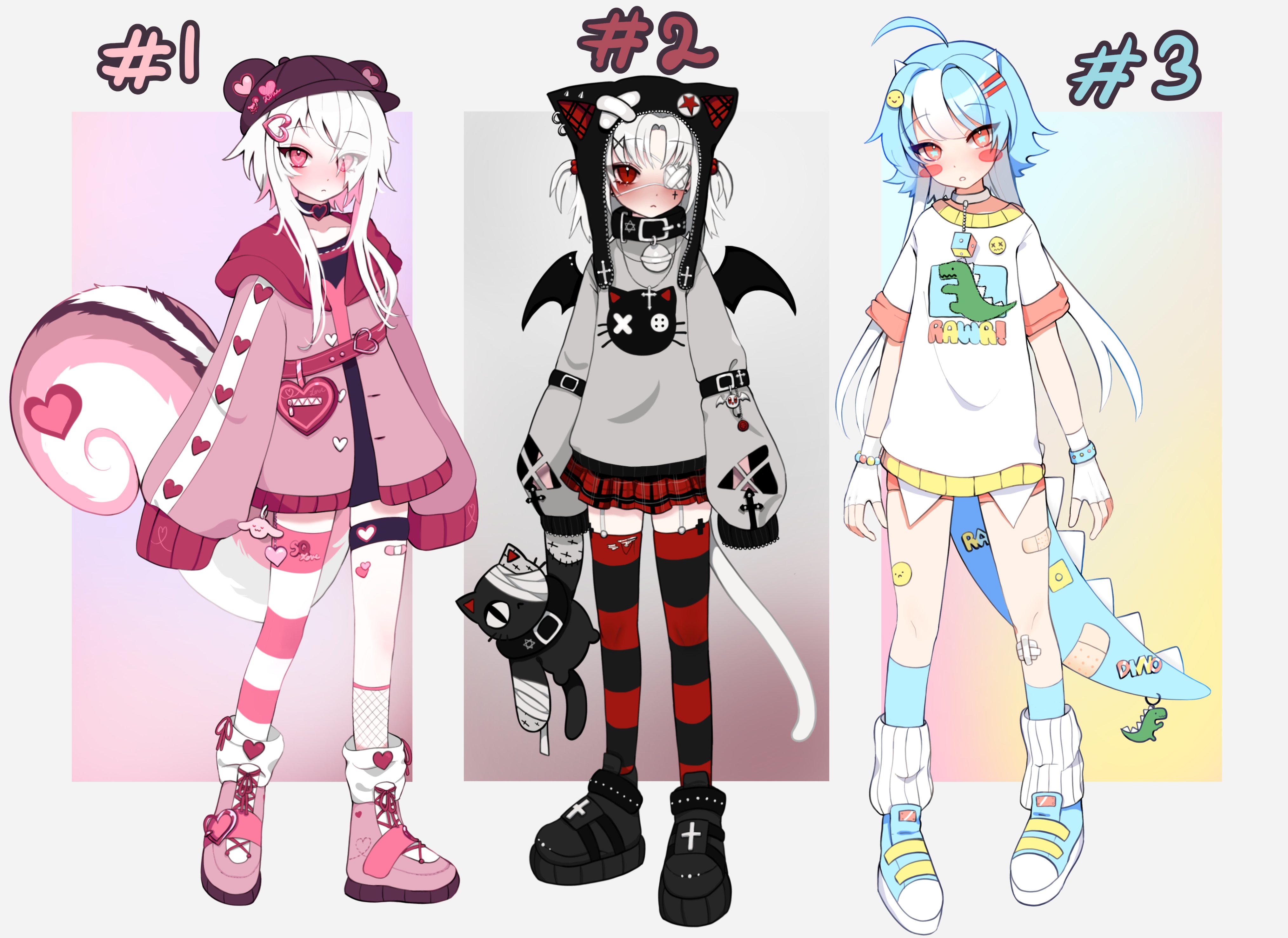 cloud (lufaeris), original, absurdres, commentary, english commentary, highres, 3girls, adoptable, ahoge, animal ears, animal hat, bandaid, bandaid on leg, beanie, black boots, blue shoes, blush stickers, boots, closed mouth, eyepatch, fake animal ears, full body, grey shirt, hair over one eye, hat, jacket, long hair, long sleeves, looking at viewer, multiple girls, parted bangs, parted lips, pink boots, pink eyes, pink jacket, red eyes, red thighhighs, shirt, shoes, short hair, squirrel girl, squirrel tail, striped clothes, striped thighhighs, tail, thighhighs, white hair, white shirt, wings