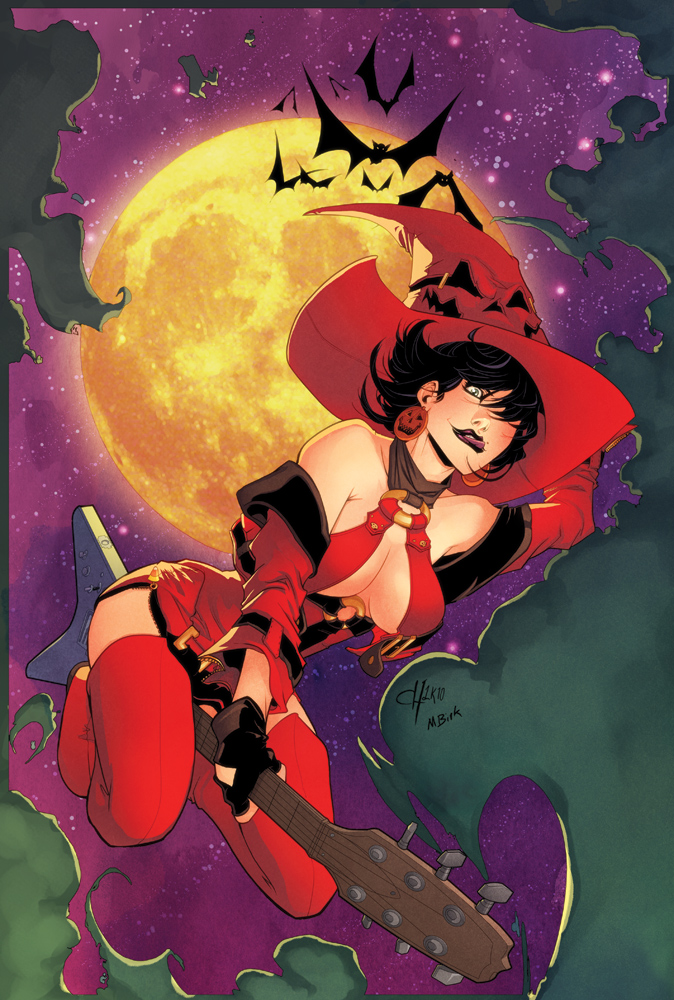 i-no, guilty gear, guilty gear xx, 1girl, black hair, boots, breasts, choker, cleavage, dress, electric guitar, fingerless gloves, gloves, guitar, hat, instrument, large breasts, mbirkhofer, mole, mole above mouth, moon, o-ring, o-ring top, red boots, red hat, red leather, red thighhighs, short hair, solo, thigh boots, thighhighs, witch hat