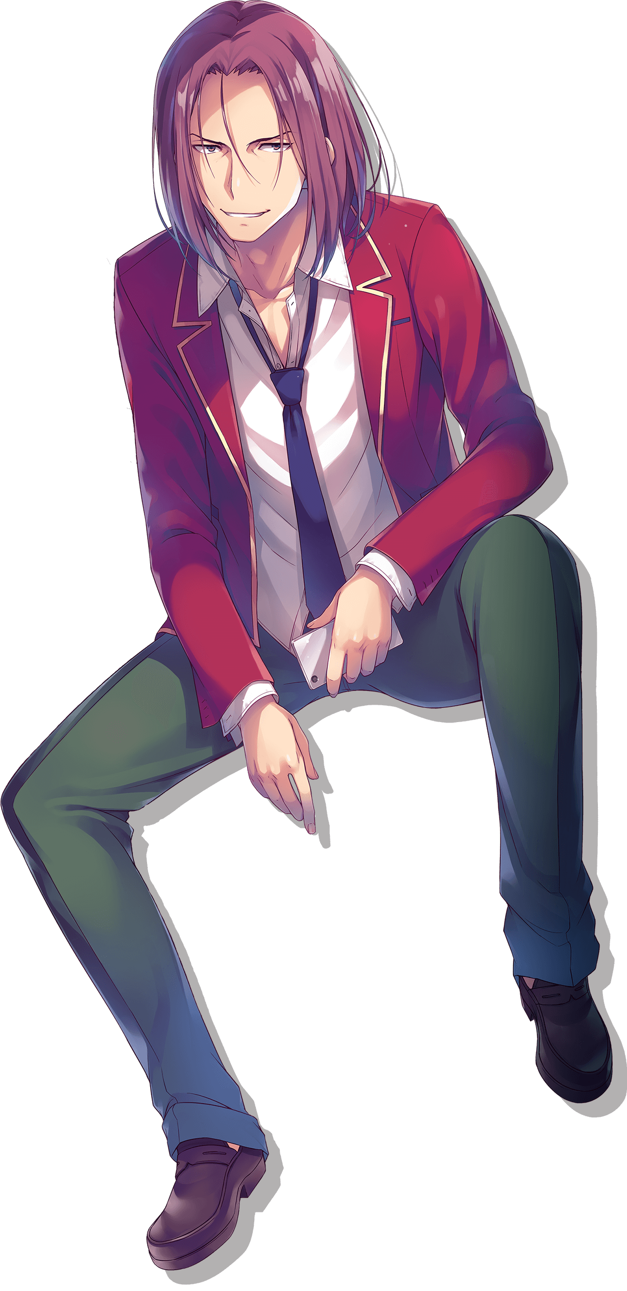 tomose shunsaku, ryuuen kakeru, youkoso jitsuryoku shijou shugi no kyoushitsu e, absurdres, highres, official art, 1boy, advanced nurturing high school uniform, black necktie, blazer, brown shoes, cellphone, collared shirt, green pants, grin, holding, holding phone, invisible chair, jacket, loafers, long sleeves, male focus, medium hair, necktie, open clothes, open jacket, pants, phone, red eyes, red hair, red jacket, school uniform, shirt, shoes, simple background, sitting, smartphone, smile, solo, transparent background, white shirt