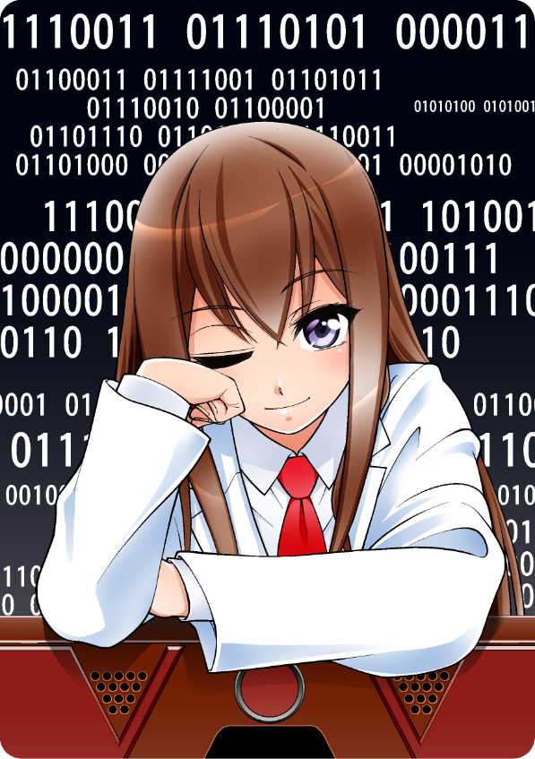 eibon, makise kurisu, makise kurisu (amadeus), science adventure, steins;gate, steins;gate 0, commentary request, translation request, 1girl, ;), binary, blue eyes, blush, brown hair, cellphone, collared shirt, long hair, long sleeves, looking at viewer, necktie, one eye closed, phone, purple eyes, shirt, smartphone, smile, solo, upper body, white shirt