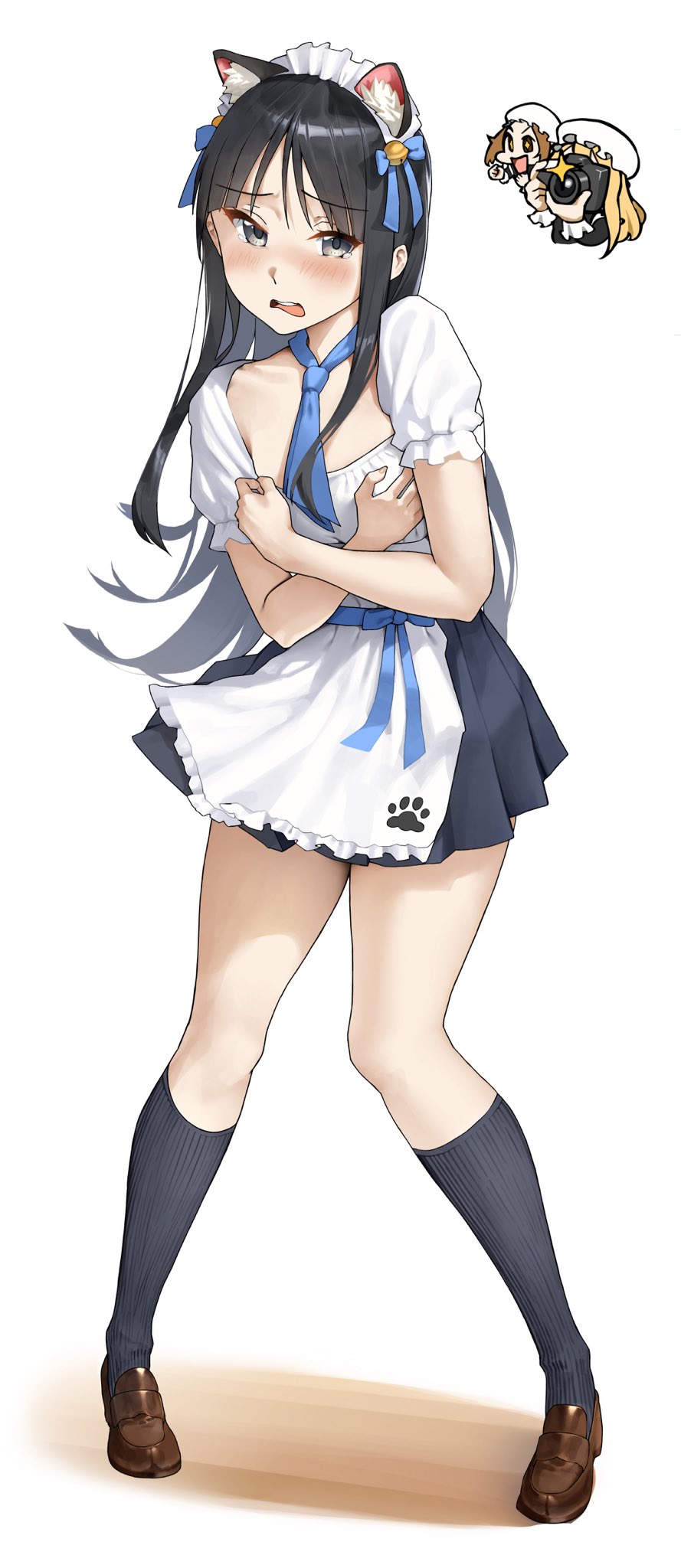saya endo (27), character request, copyright request, highres, 3girls, animal ears, apron, bell, black hair, black skirt, black socks, blonde hair, blue necktie, blush, brown shoes, camera, cat ears, chibi, chibi inset, copyright name, embarrassed, frilled apron, frills, holding, holding camera, jingle bell, loafers, looking at another, looking at viewer, multiple girls, necktie, paw print, print apron, puffy short sleeves, puffy sleeves, shoes, short sleeves, simple background, skirt, socks, taking picture, white apron, white background