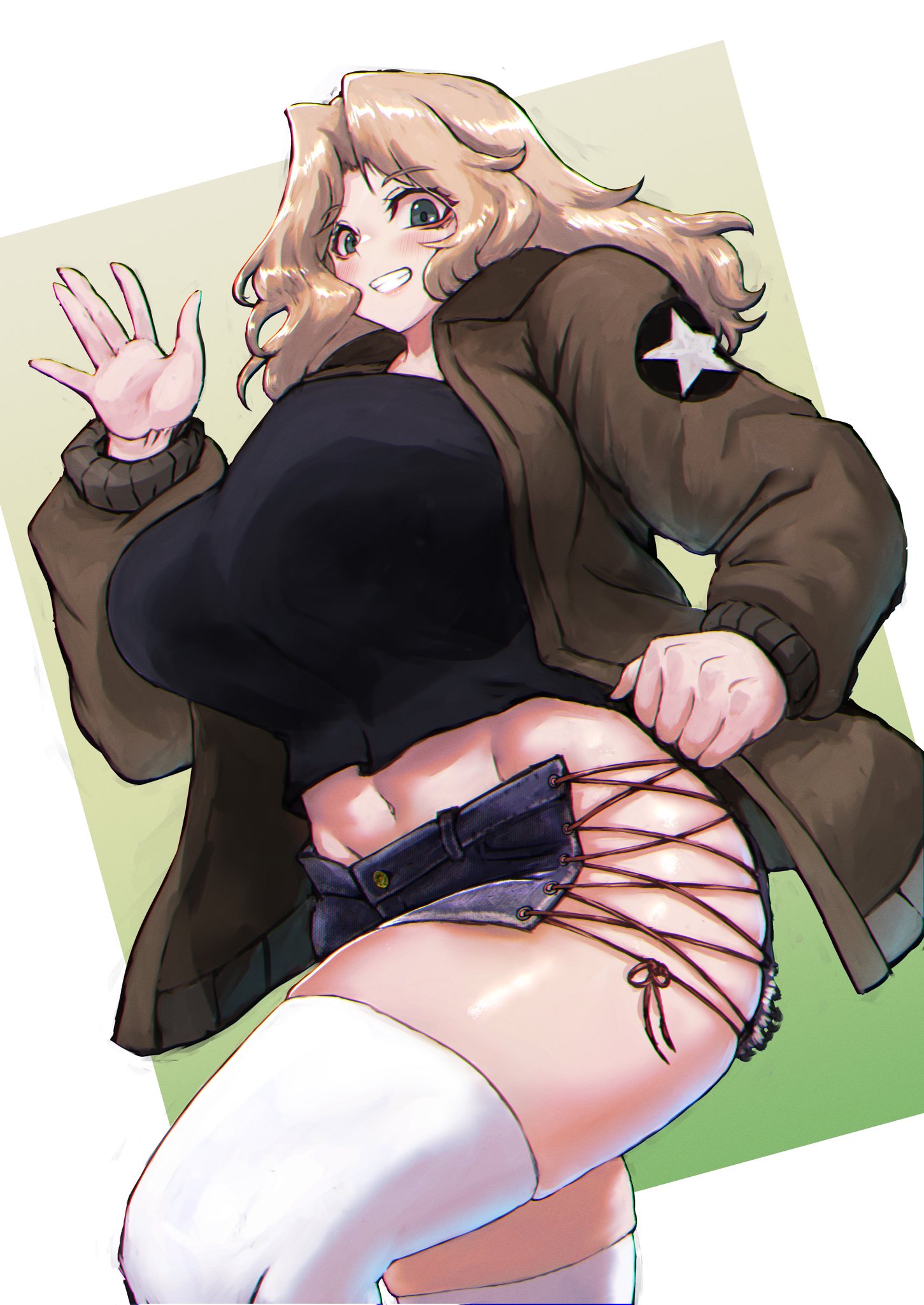 bougainvillea (unnryuu), kay (girls und panzer), girls und panzer, commentary request, highres, revision, 1girl, adapted costume, black shirt, black shorts, blonde hair, blue eyes, bomber jacket, border, breasts, brown jacket, cowboy shot, criss-cross straps, emblem, gradient background, green background, grin, groin, hand up, jacket, long hair, long sleeves, looking at viewer, midriff, military uniform, navel, open clothes, open jacket, open palm, parted bangs, saunders military uniform, shiny skin, shirt, short shorts, shorts, side slit, side slit shorts, smile, solo, star (symbol), thighhighs, thighs, white border, white thighhighs