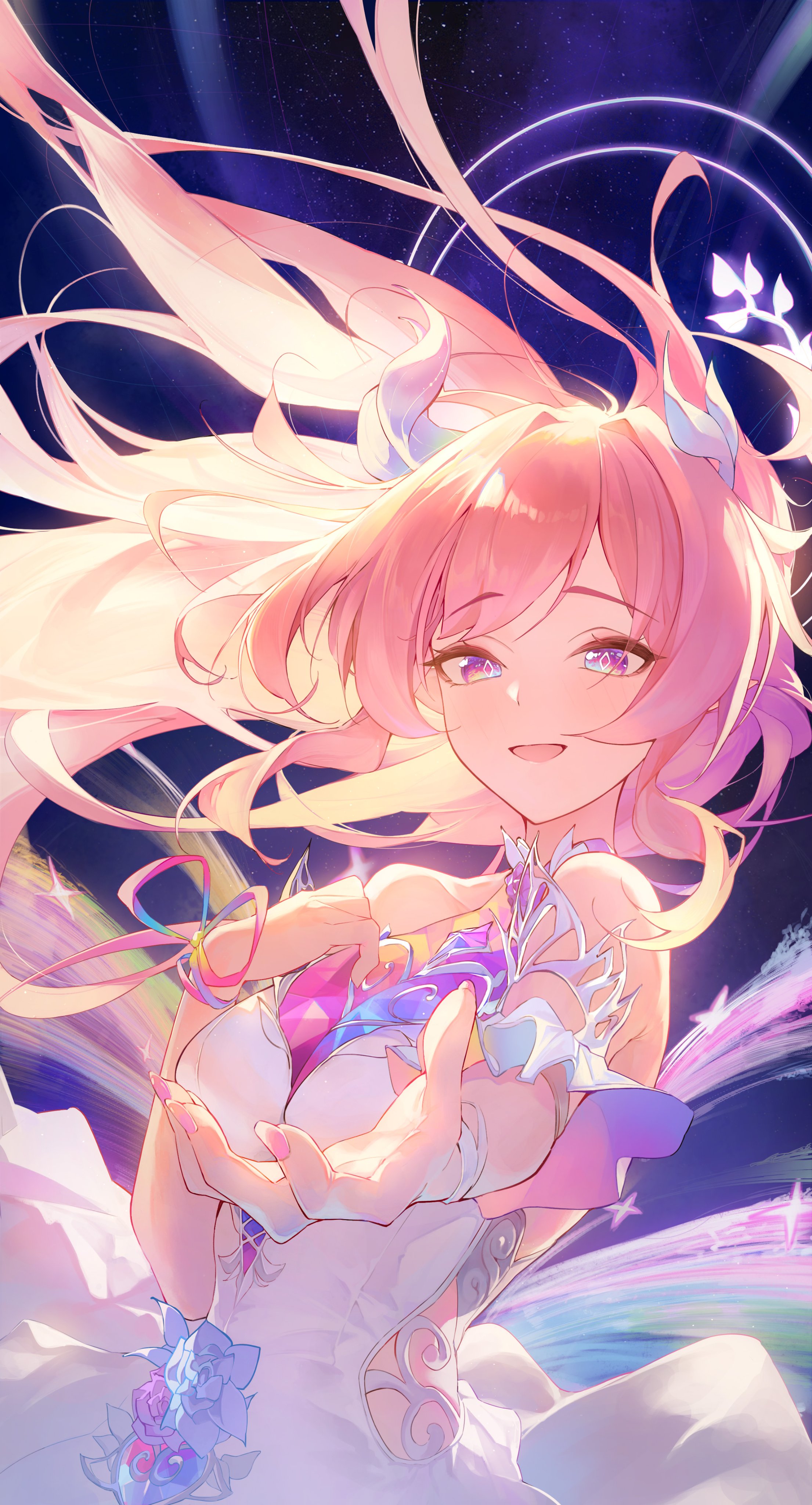 smile12190, cyrene (honkai: star rail), cyrene (ripples of past reverie) (honkai: star rail), honkai: star rail, honkai (series), absurdres, commentary, highres, 1girl, armlet, bare shoulders, breasts, diamond-shaped pupils, diamond (shape), fingernails, halo, halo behind head, jewelry, long hair, looking at viewer, medium breasts, nail polish, open mouth, outstretched arm, pink hair, pink nails, purple eyes, smile, solo, symbol-shaped pupils, upper body