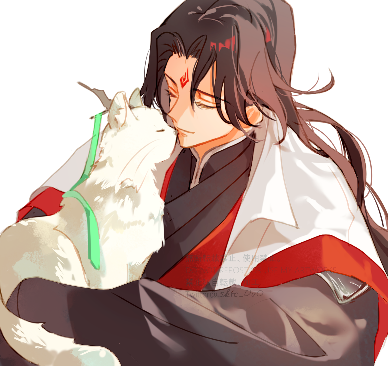 sakuramochi1003, luo binghe, shen qingqiu, zuiyin, renzha fanpai zijiu xitong, commentary request, highres, animal, animalization, black hanfu, brown hair, cat, chinese clothes, closed eyes, closed mouth, curtained hair, hanfu, holding, holding animal, holding cat, long hair, long sleeves, male focus, parted bangs, ribboned xiao guan, simple background, upper body, watermark, wavy hair, white background, white cat, wide sleeves