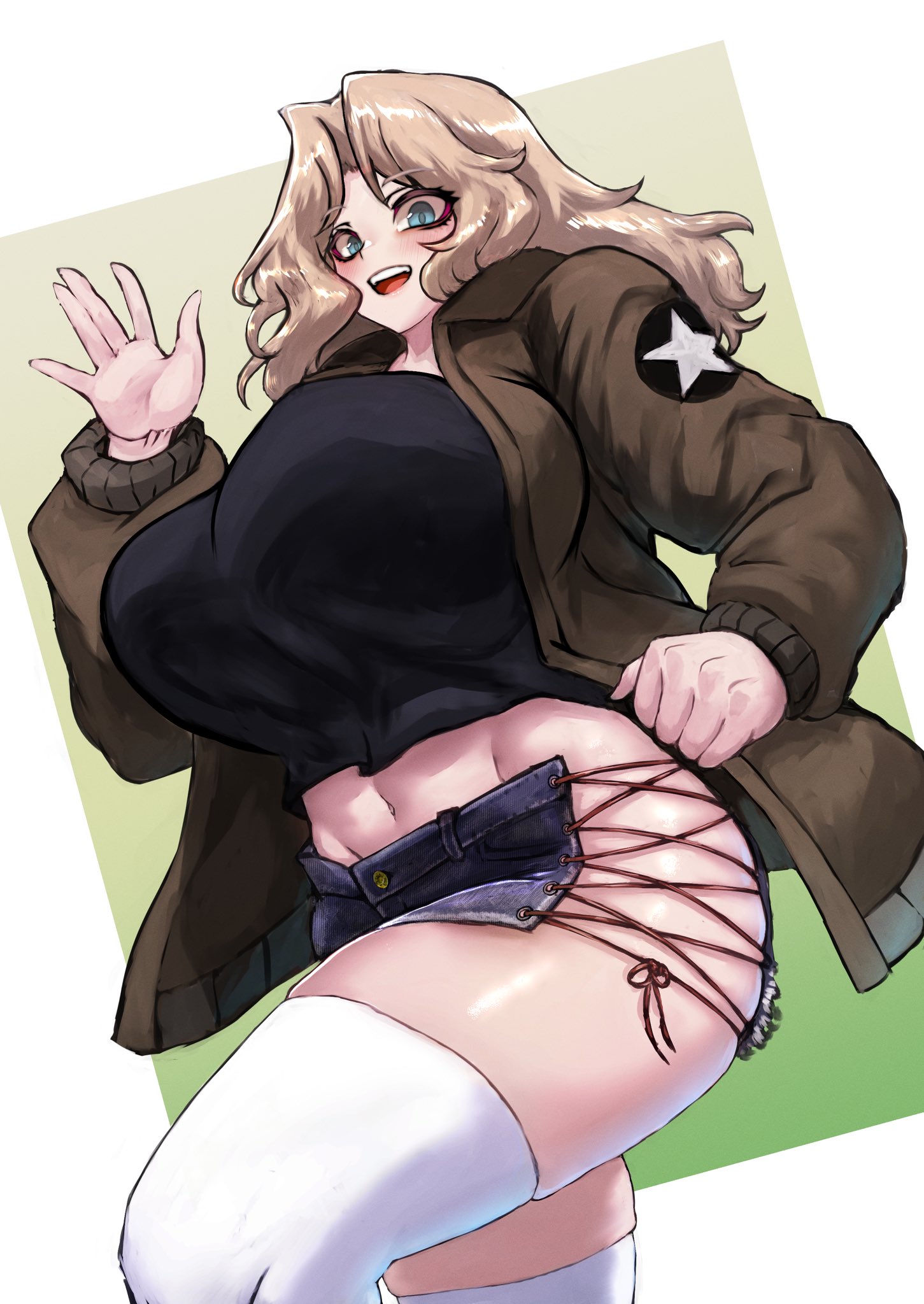bougainvillea (unnryuu), kay (girls und panzer), girls und panzer, commentary request, highres, revision, 1girl, adapted costume, black shirt, black shorts, blonde hair, blue eyes, bomber jacket, border, breasts, brown jacket, cowboy shot, criss-cross straps, emblem, gradient background, green background, groin, hand up, jacket, long hair, long sleeves, looking at viewer, midriff, military uniform, navel, open clothes, open jacket, open mouth, open palm, parted bangs, saunders military uniform, shiny skin, shirt, short shorts, shorts, side slit, side slit shorts, smile, solo, star (symbol), teeth, thighhighs, thighs, upper teeth only, white border, white thighhighs