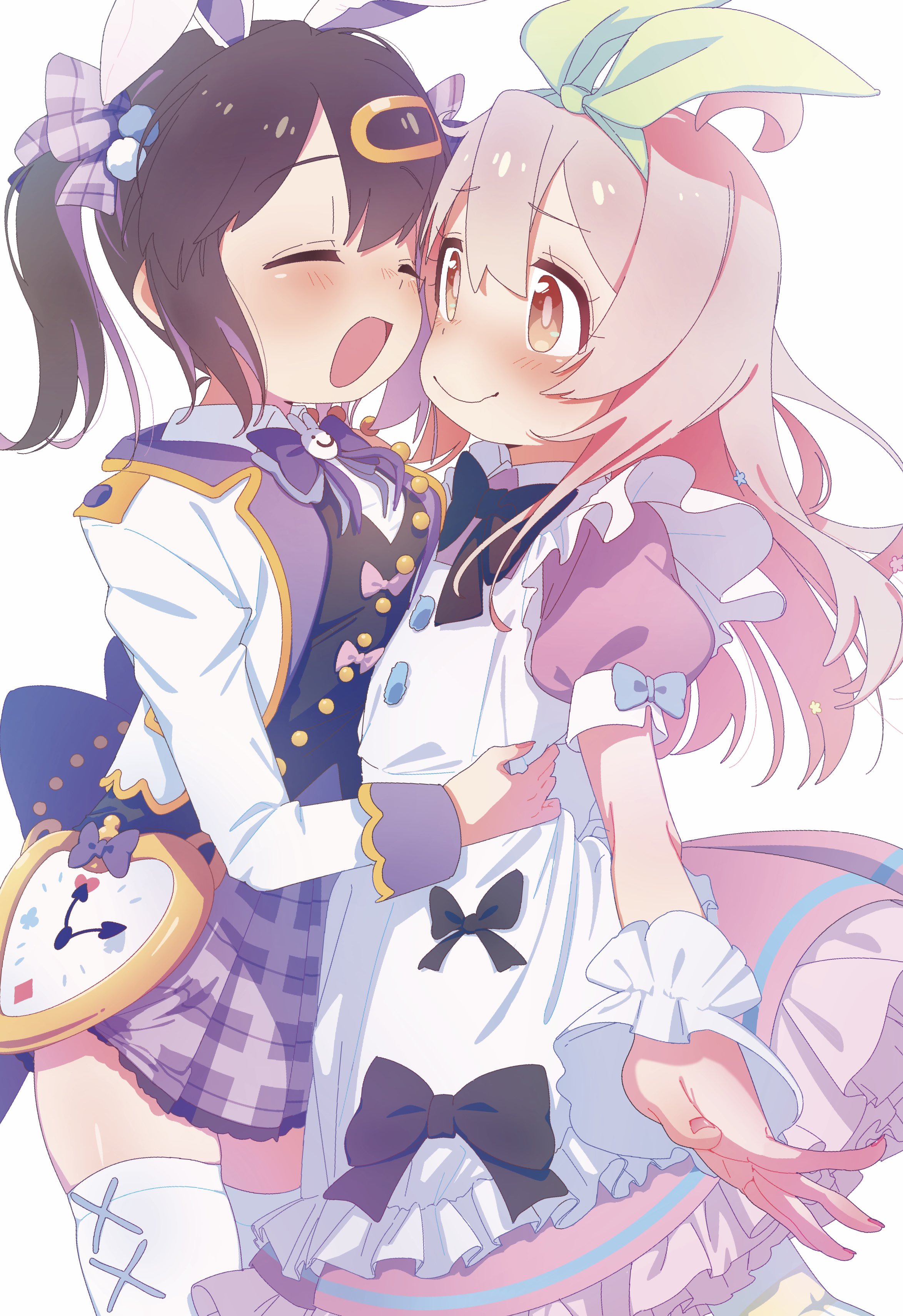 yoku soy, oyama mahiro, oyama mihari, onii-chan wa oshimai!, absurdres, highres, 2girls, :d, animal ears, black bow, black bowtie, black hair, blush, bow, bowtie, closed eyes, double-parted bangs, frills, hair between eyes, hair bobbles, hair ornament, long hair, long sleeves, multicolored hair, multiple girls, official alternate costume, open mouth, orange eyes, pink hair, puffy short sleeves, puffy sleeves, purple hair, rabbit ears, short sleeves, siblings, simple background, sisters, smile, thighhighs, twintails, two-tone hair, white background, white thighhighs, wrist cuffs