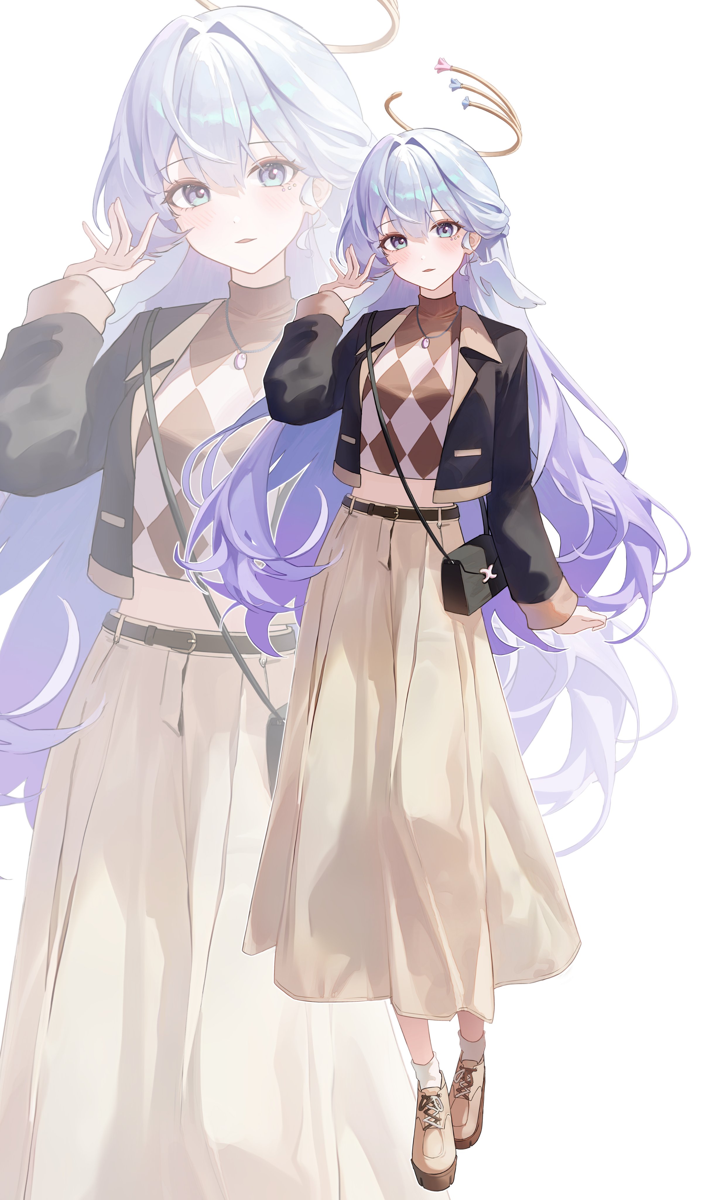 seina 106, robin (honkai: star rail), honkai: star rail, honkai (series), absurdres, commentary request, highres, 1girl, alternate costume, aqua eyes, bag, black bag, black jacket, blue hair, brown shoes, brown skirt, face jewel, full body, halo, hand up, jacket, jewel under eye, jewelry, long hair, long skirt, long sleeves, necklace, open clothes, open jacket, parted lips, shoes, shoulder bag, simple background, skirt, socks, solo, standing, sweater, very long hair, white background, white socks, zoom layer