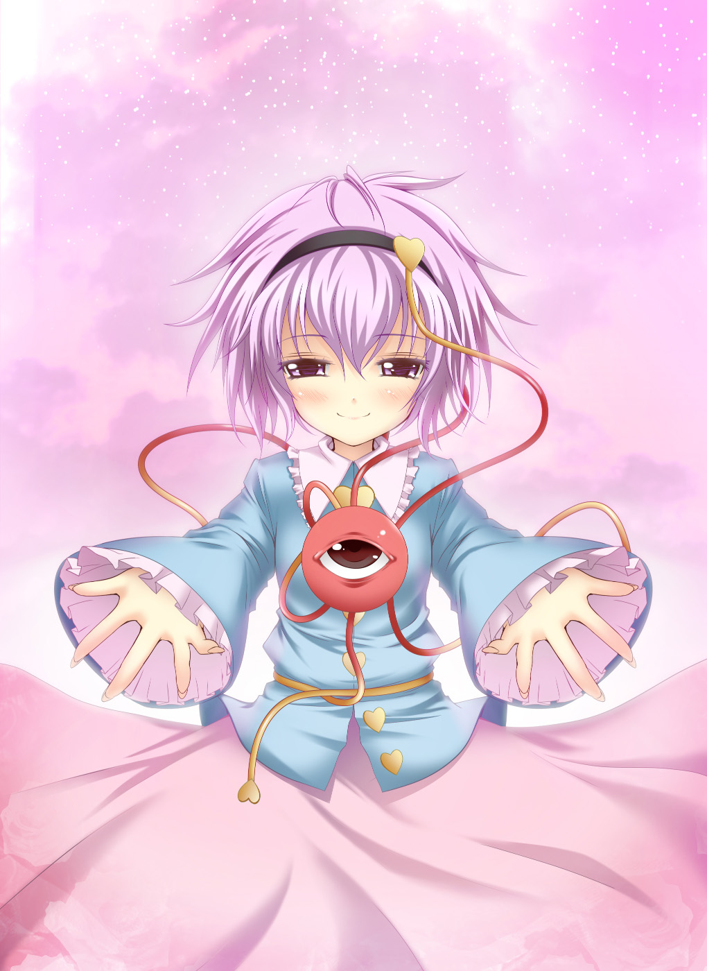 makot, ougi makoto, komeiji satori, touhou, bad id, bad pixiv id, highres, 1girl, blush, dress, eyeball, female focus, hairband, headband, heart, pink eyes, pink hair, short hair, smile, solo, wide sleeves