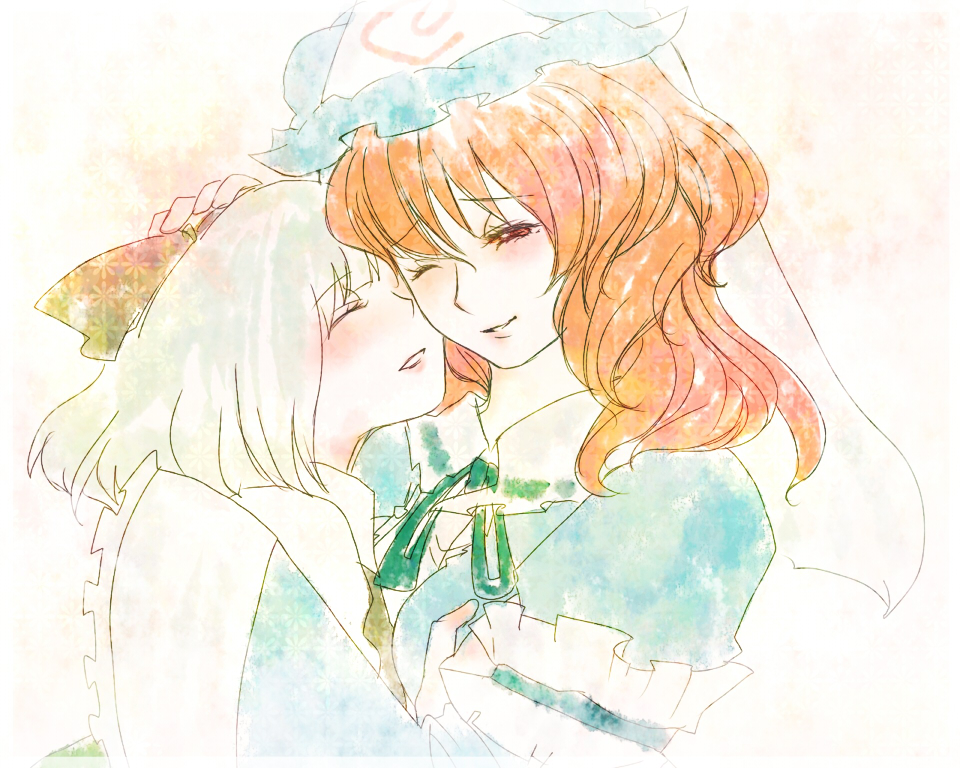 otomi, konpaku youmu, saigyouji yuyuko, touhou, silver hair, 2girls, bow, breasts, faux traditional media, female focus, grabbing another's breast, groping, hair bow, hat, headpat, hug, long sleeves, multiple girls, one eye closed, orange hair, smile, wide sleeves, wink, yuri