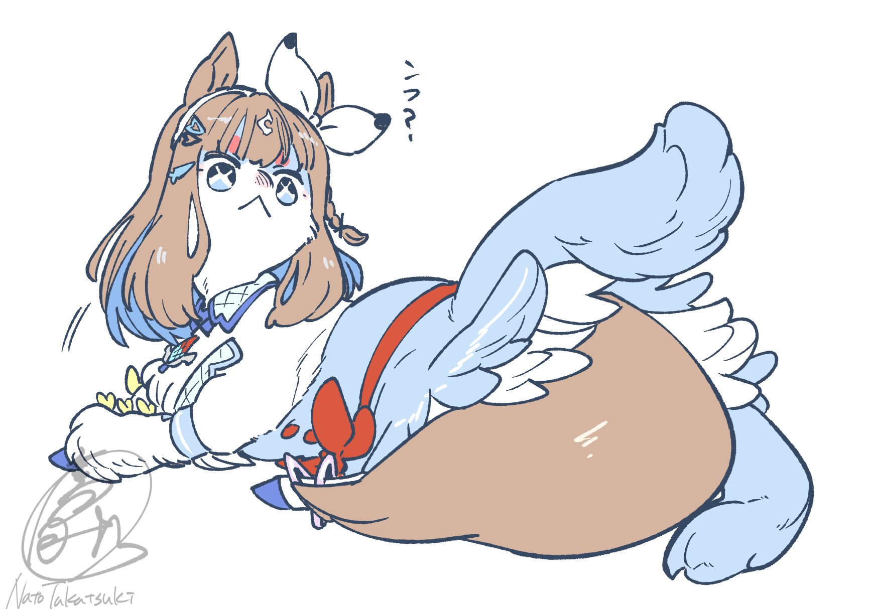 takatsuki nato, almond eye (umamusume), umamusume, commentary, highres, :<, animal ears, animalization, artist name, blue eyes, blue hair, blunt bangs, bow, brown hair, colored inner hair, creature, fluffy, hair bow, hooves, horse ears, horse tail, long hair, looking at viewer, motion lines, multicolored hair, no humans, signature, star-shaped pupils, star (symbol), symbol-shaped pupils, tail, white bow, white hair