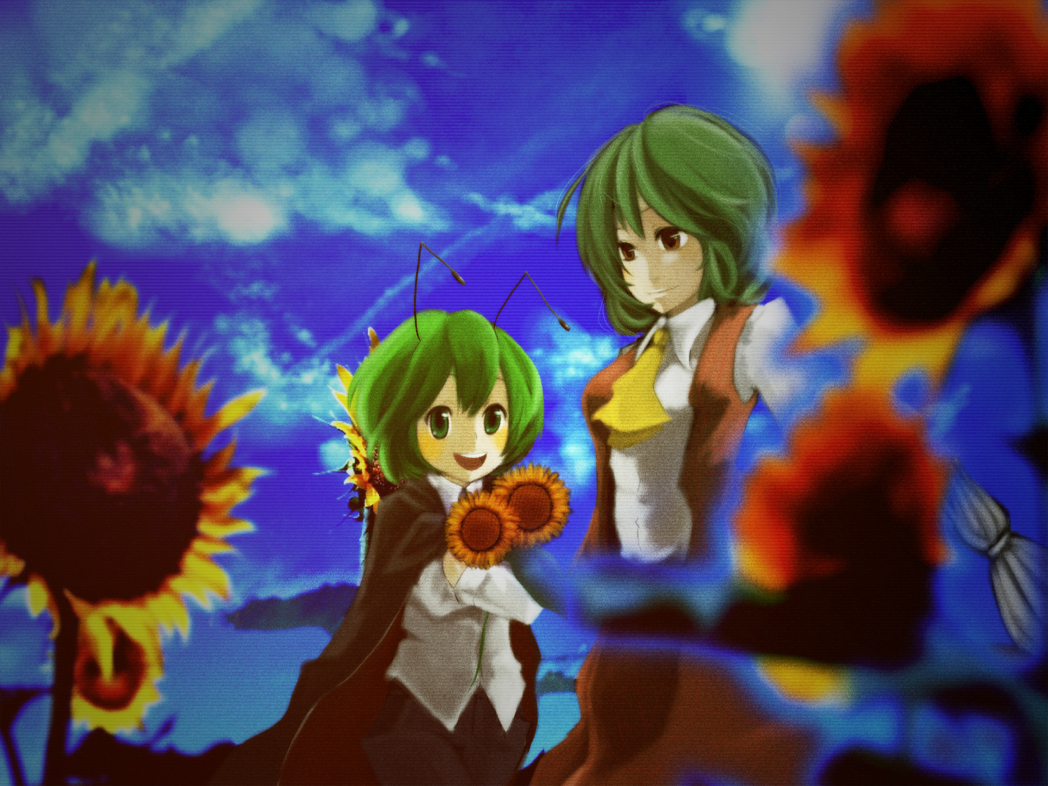 hie (tom), kazami yuuka, wriggle nightbug, touhou, bad id, bad pixiv id, 2girls, animal ears, antennae, ascot, blurry, cloud, day, depth of field, female focus, flower, green eyes, green hair, holding, holding flower, multiple girls, nature, red eyes, short hair, skirt, skirt set, sky, smile, sunflower, vest