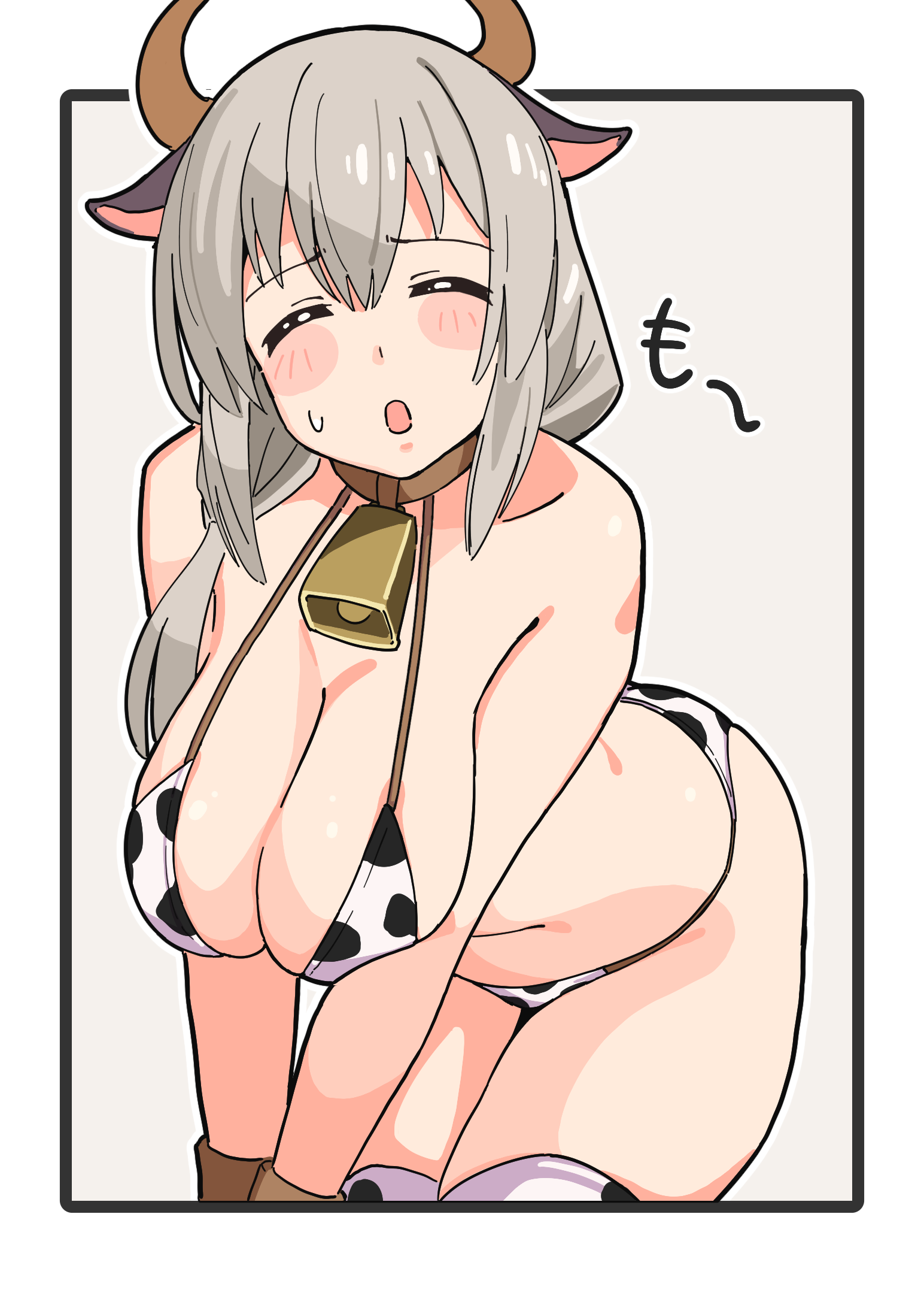noyama takenoko, uzaki tsuki, uzaki-chan wa asobitai!, commentary, highres, translated, 1girl, animal ears, animal print, bare arms, bare shoulders, bell, bikini, blush stickers, breasts, breasts squeezed together, brown collar, cleavage, collar, cow ears, cow horns, cow print, cow print bikini, cow print thighhighs, cowbell, facing viewer, grey hair, hair between eyes, hair over shoulder, horns, large breasts, long hair, mature female, neck bell, open mouth, print bikini, print thighhighs, simple background, solo, sweatdrop, swimsuit, thighhighs