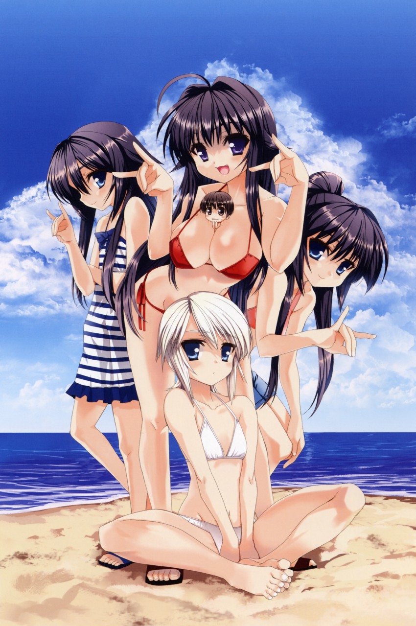 ezomori nozomu, minamoto chizuru, kanokon, highres, 4girls, bikini, cleavage, multiple girls, ocean, sky, swimsuit
