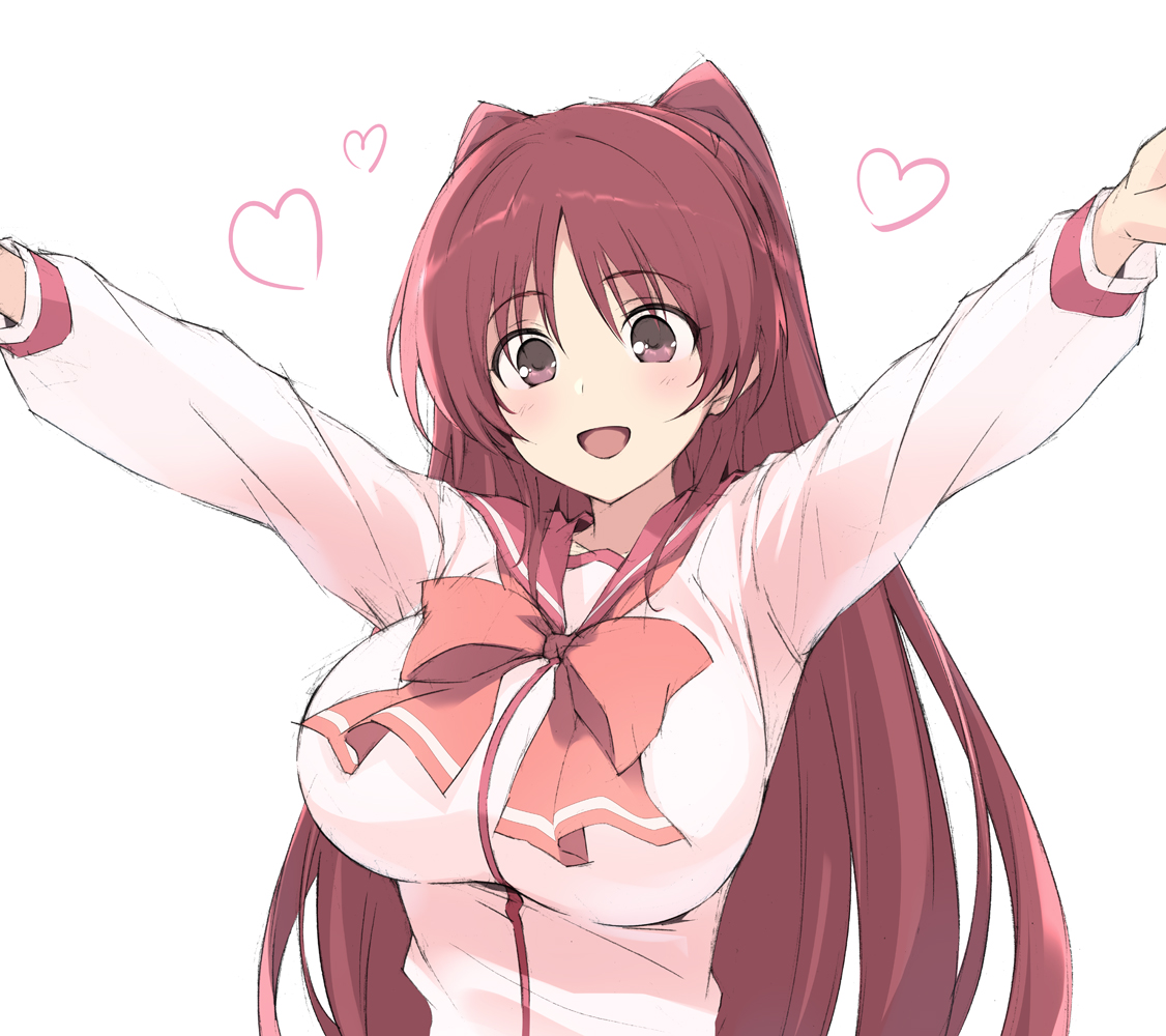 sakana (flame sakana), kousaka tamaki, to heart (series), to heart 2, commentary request, 1girl, :d, bow, bowtie, breasts, brown eyes, heart, large breasts, long hair, long sleeves, looking at viewer, open mouth, outstretched arms, pink bow, pink bowtie, red hair, red sailor collar, sailor collar, school uniform, serafuku, simple background, smile, solo, twintails, upper body, white background