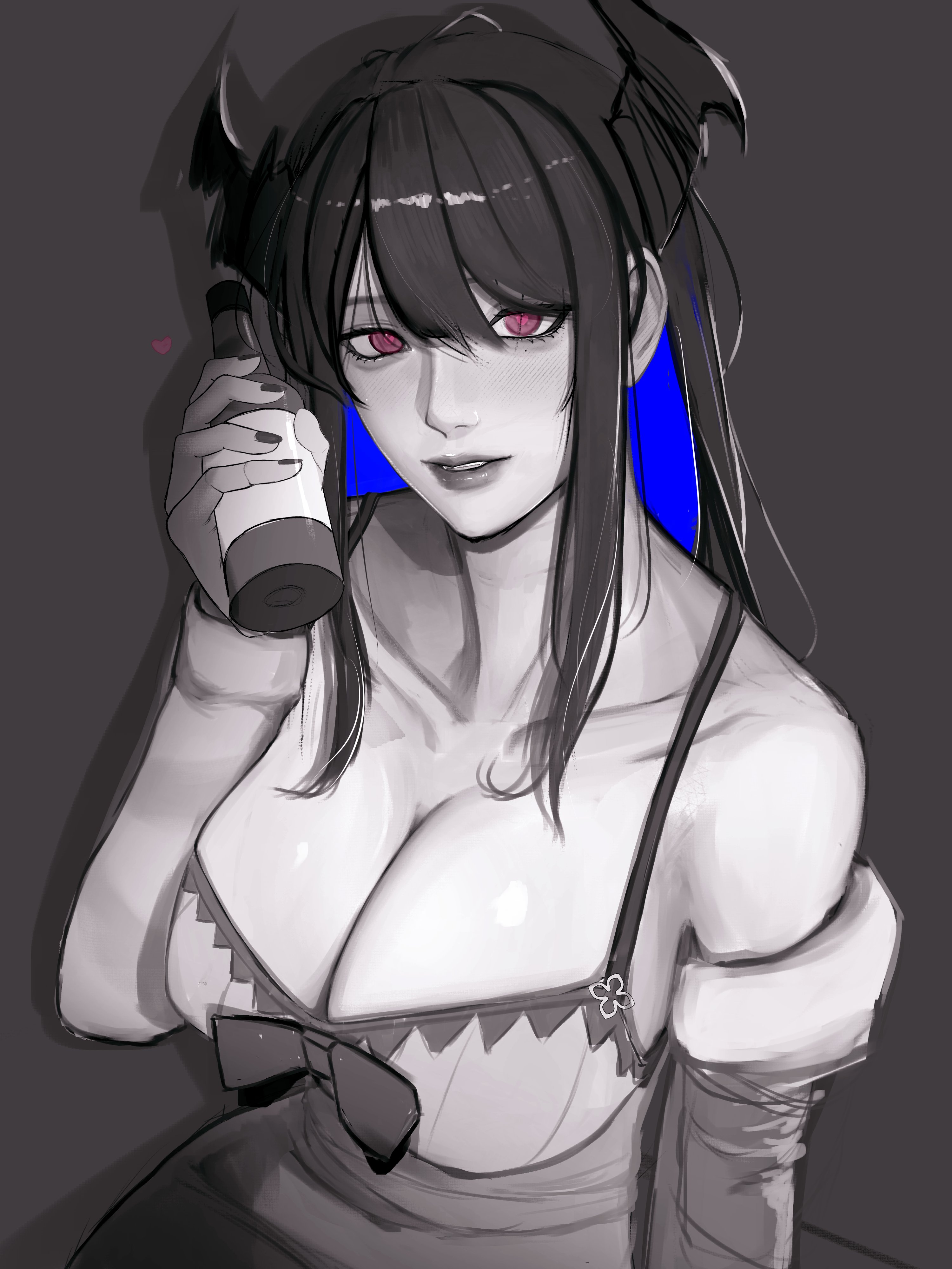 soju ice, nerissa ravencroft, hololive, hololive english, absurdres, highres, 1girl, asymmetrical horns, bare shoulders, black hair, blue hair, bottle, breasts, cleavage, collarbone, colored inner hair, demon horns, detached sleeves, dress, from above, grey background, holding, holding bottle, horns, large breasts, long hair, looking at viewer, mole, mole under eye, multicolored hair, parted lips, pink eyes, sidelocks, simple background, solo, split-color hair, two-tone hair, uneven horns, virtual youtuber