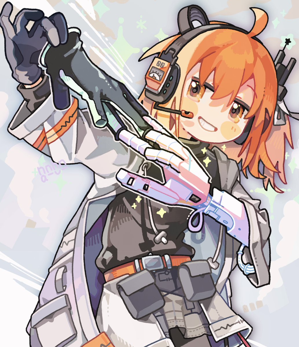 tabunnanhun, adachi rei, a.i. voice, utau, commentary, 1girl, ahoge, black gloves, black shirt, blush stickers, cowboy shot, gloves, grey skirt, grin, hair between eyes, headphones, holding, holding gloves, holding unworn clothes, jacket, long sleeves, mechanical arms, open clothes, open jacket, orange eyes, orange hair, shirt, short hair, signature, single mechanical arm, skirt, smile, solo, unworn gloves, white jacket