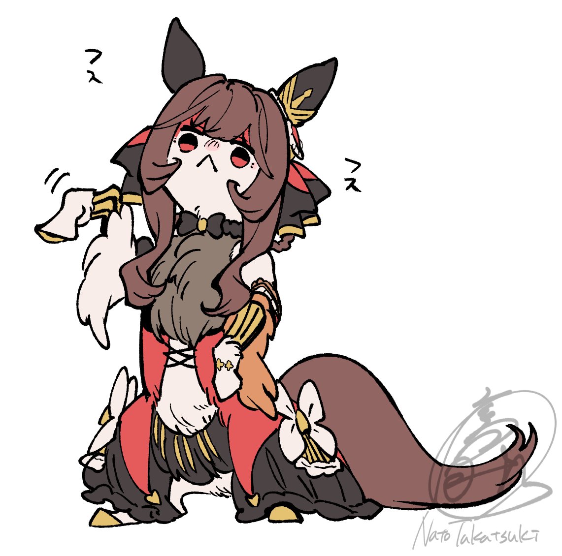 takatsuki nato, gentildonna (umamusume), umamusume, commentary, animal ears, animalization, artist name, black bow, black bowtie, bow, bowtie, braid, brown hair, creature, ear covers, hooves, horse ears, horse girl, horse tail, long hair, no humans, red eyes, signature, tail