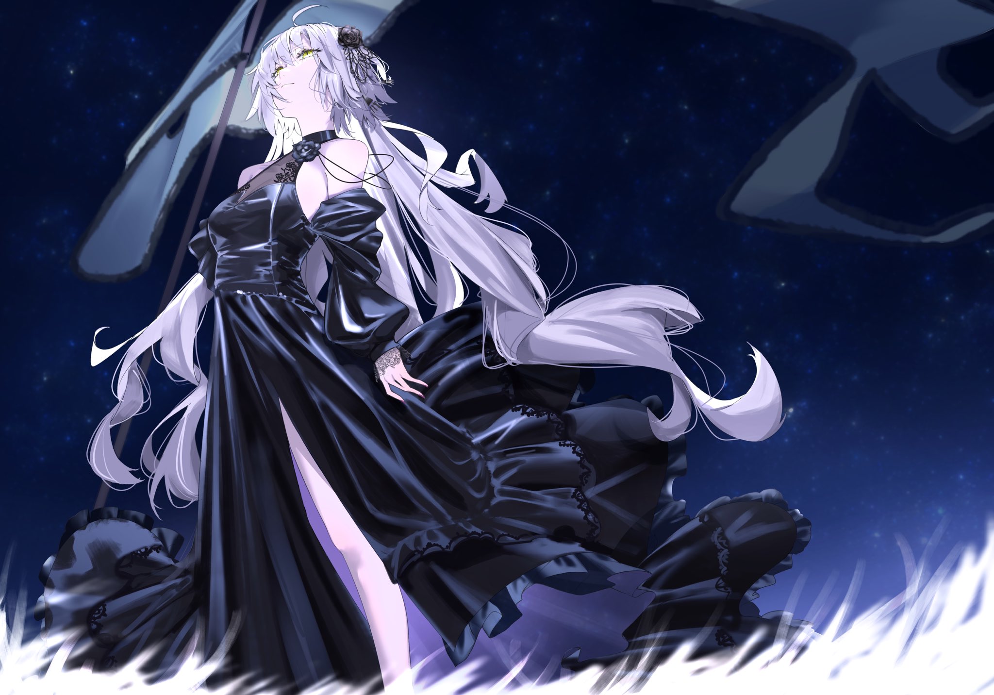 ri o ne su, jeanne d'arc alter (fate), fate/grand order, fate (series), commentary request, highres, 1girl, bare shoulders, black dress, breasts, detached sleeves, dress, flag, flower, grey hair, hair flower, hair ornament, large breasts, long hair, night, night sky, polearm, sky, solo, very long hair, weapon, yellow eyes