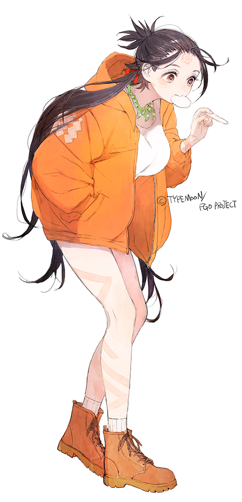 toi8, himiko (fate), fate/grand order, fate (series), commentary request, official art, 1girl, boots, breasts, brown eyes, brown hair, facial mark, food in mouth, forehead, forehead mark, full body, jacket, jewelry, large breasts, long hair, long sleeves, low twintails, magatama, magatama necklace, necklace, orange jacket, shirt, solo, topknot, twintails, white shirt
