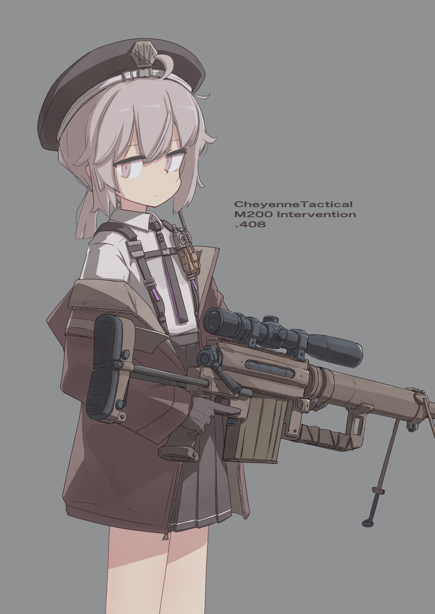 player193, m200 (girls' frontline), girls' frontline, girls' frontline 2: exilium, absurdres, commentary, highres, 1girl, ahoge, beret, black gloves, black hat, black skirt, bolt action, brown hair, brown jacket, cheyanne (girls' frontline 2), cheytac m200, closed mouth, collared shirt, gloves, grey background, gun, hat, holding, holding gun, holding weapon, hood, hooded jacket, jacket, looking at viewer, off shoulder, open clothes, open jacket, pleated skirt, purple eyes, rifle, shirt, simple background, skirt, sniper rifle, solo, trigger discipline, weapon, weapon name, white shirt