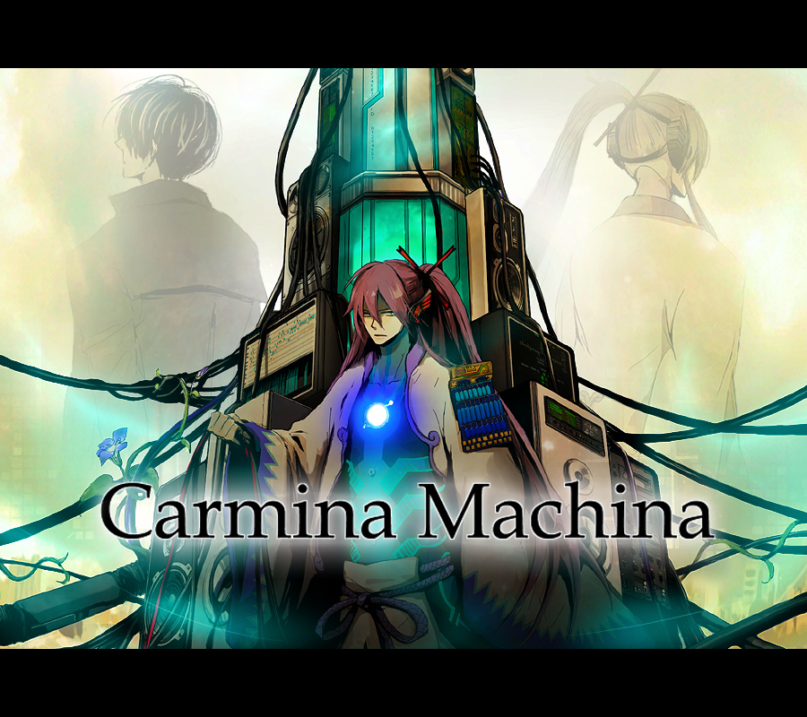 gu (pixiv), kamui gakupo, carmina machina (vocaloid), vocaloid, bad id, bad pixiv id, 2boys, aqua eyes, flower, letterboxed, long hair, machine, male focus, multiple boys, ponytail, purple hair, speaker