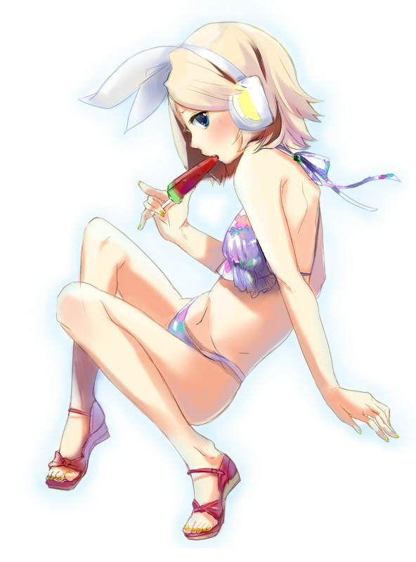 ume (plumblossom), kagamine rin, vocaloid, bad id, bad pixiv id, 1girl, bikini, blonde hair, blue eyes, female focus, food, full body, hair ribbon, headphones, high heels, legs, nail polish, open shoes, popsicle, ribbon, sandals, shoes, short hair, simple background, solo, swimsuit, watermelon bar, yellow nails