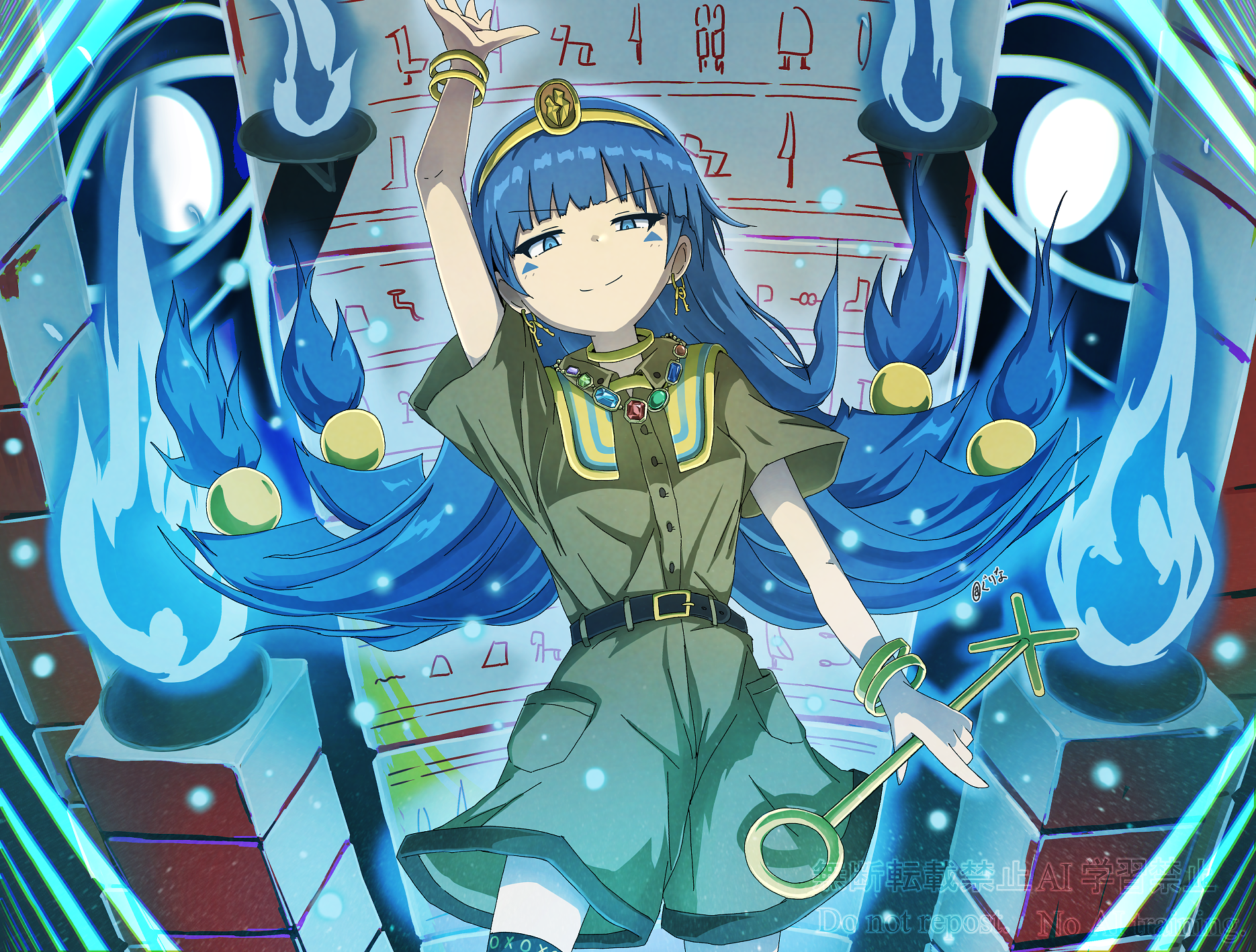 gurina 15, michigami nareko, fossilized wonders, touhou, commentary request, highres, 1girl, arm up, blue eyes, blue fire, blue hair, bracelet, brown shirt, brown shorts, earrings, facial mark, fire, gem, hieroglyphics, jewelry, long hair, looking at viewer, necklace, shirt, shorts, smile, smug, solo, tiara, v-shaped eyebrows