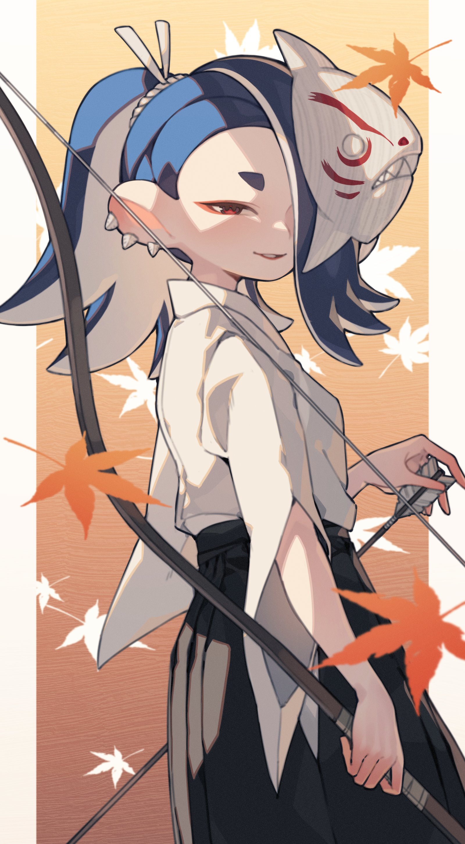 prat rat, shiver (splatoon), nintendo, splatoon (series), splatoon 3, absurdres, commentary request, highres, revision, 1girl, alternate costume, alternate hairstyle, arrow (projectile), asymmetrical bangs, black hakama, black skirt, blue hair, bow (weapon), cowboy shot, ear piercing, earrings, eyeshadow, falling leaves, gradient background, hair over one eye, hakama, hakama skirt, holding, holding arrow, holding bow (weapon), holding weapon, japanese clothes, jewelry, kimono, leaf, long hair, looking at viewer, looking to the side, makeup, maple leaf, mask, mask on head, octoling, one eye covered, orange background, parted bangs, parted lips, piercing, pillarboxed, pointy ears, ponytail, red eyes, red eyeshadow, short kimono, skirt, smile, solo, spikes, standing, tentacle hair, tooth earrings, weapon, white kimono, wide sleeves