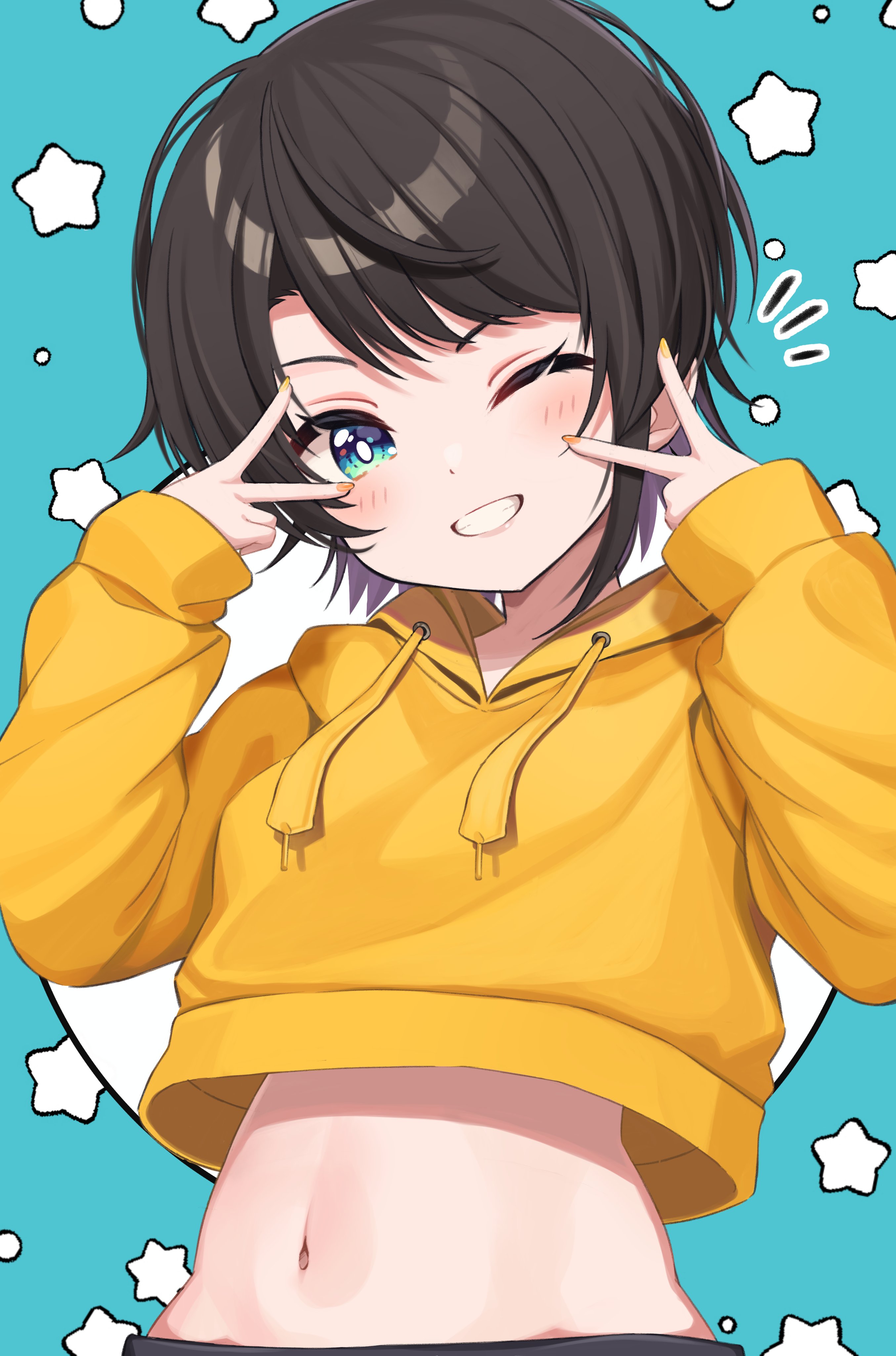 jianzefanya, oozora subaru, hololive, absurdres, commentary request, highres, 1girl, ;d, aqua background, aqua eyes, black hair, bright pupils, cropped hoodie, double v, grin, hood, hoodie, long sleeves, midriff, navel, one eye closed, open mouth, short hair, smile, solo, star (symbol), star symbol background, stomach, upper body, v, v over eye, virtual youtuber, white pupils, yellow hoodie, yellow nails