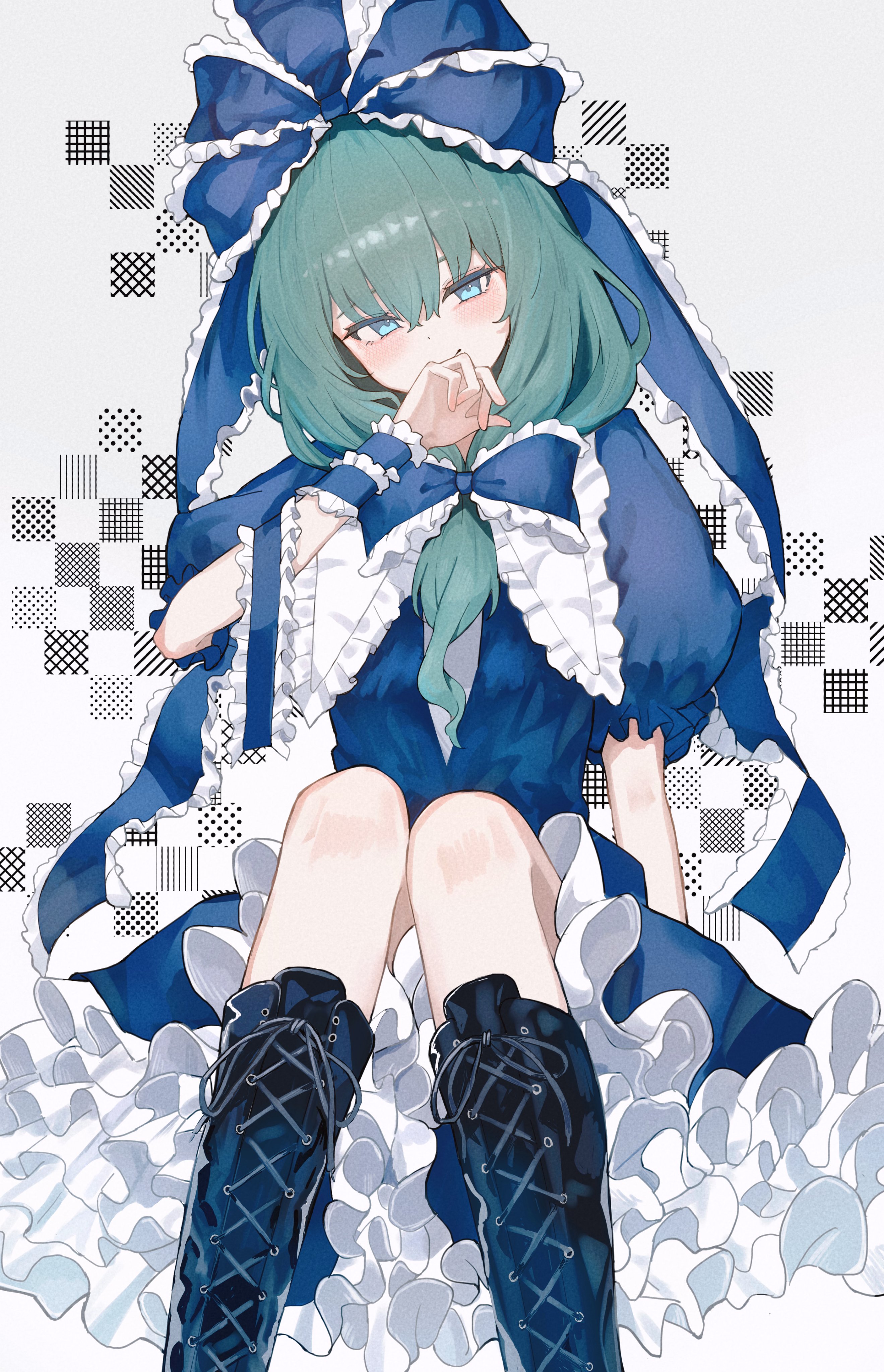 kaminose (user veum4325), kagiyama hina, touhou, absurdres, alt text, commentary request, highres, 1girl, alternate color, aqua eyes, aqua hair, black boots, blue bow, blue dress, blue ribbon, boots, bow, covering own mouth, dress, frilled dress, frills, knee boots, lace-up boots, looking at viewer, puffy short sleeves, puffy sleeves, ribbon, short sleeves, sitting, solo