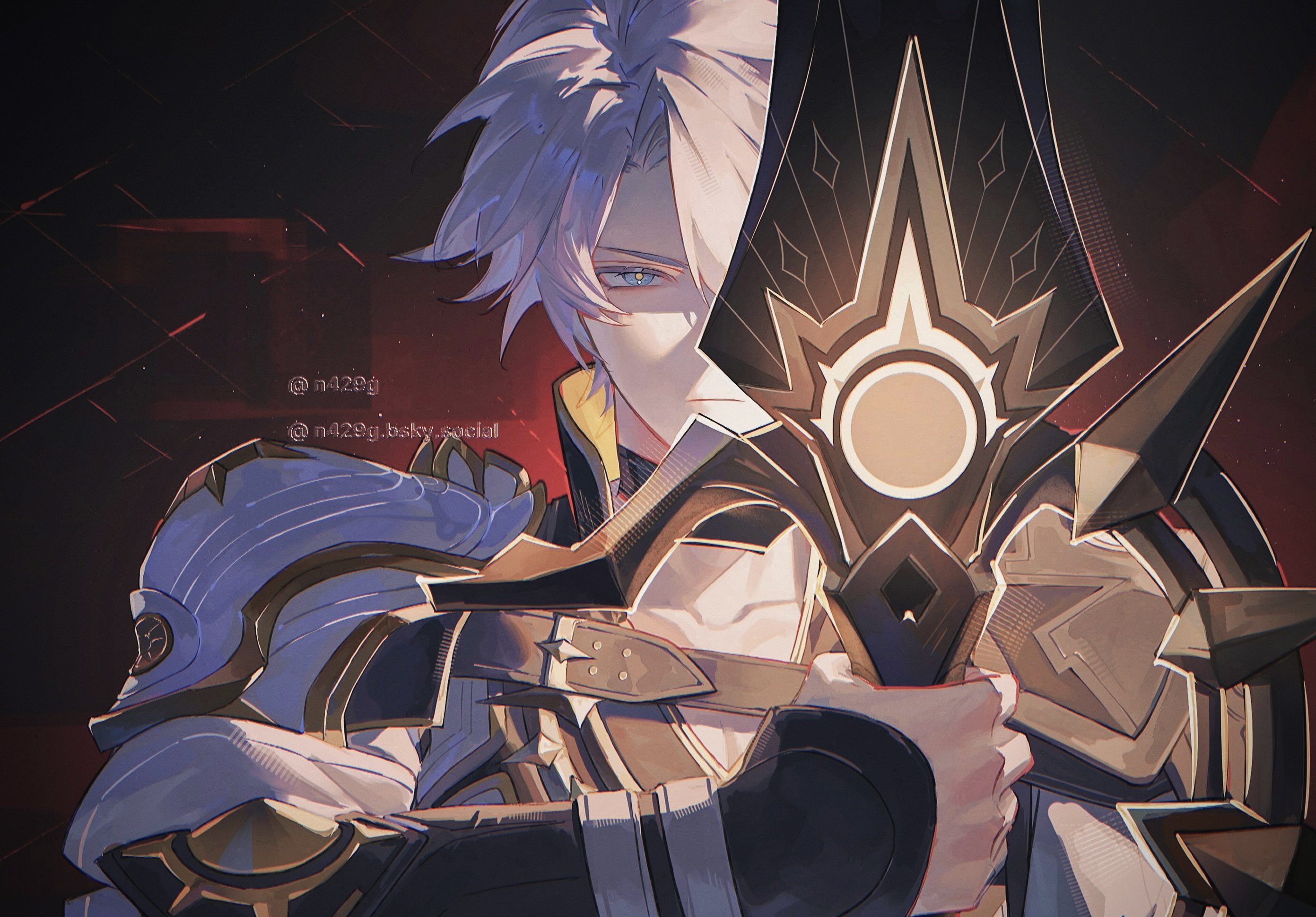 neglow, phainon (honkai: star rail), honkai: star rail, honkai (series), hashtag-only commentary, highres, 1boy, black choker, black gauntlets, blue eyes, choker, closed mouth, holding, holding sword, holding weapon, looking at viewer, male focus, shirt, short hair, sun symbol, sword, weapon, white hair, white shirt