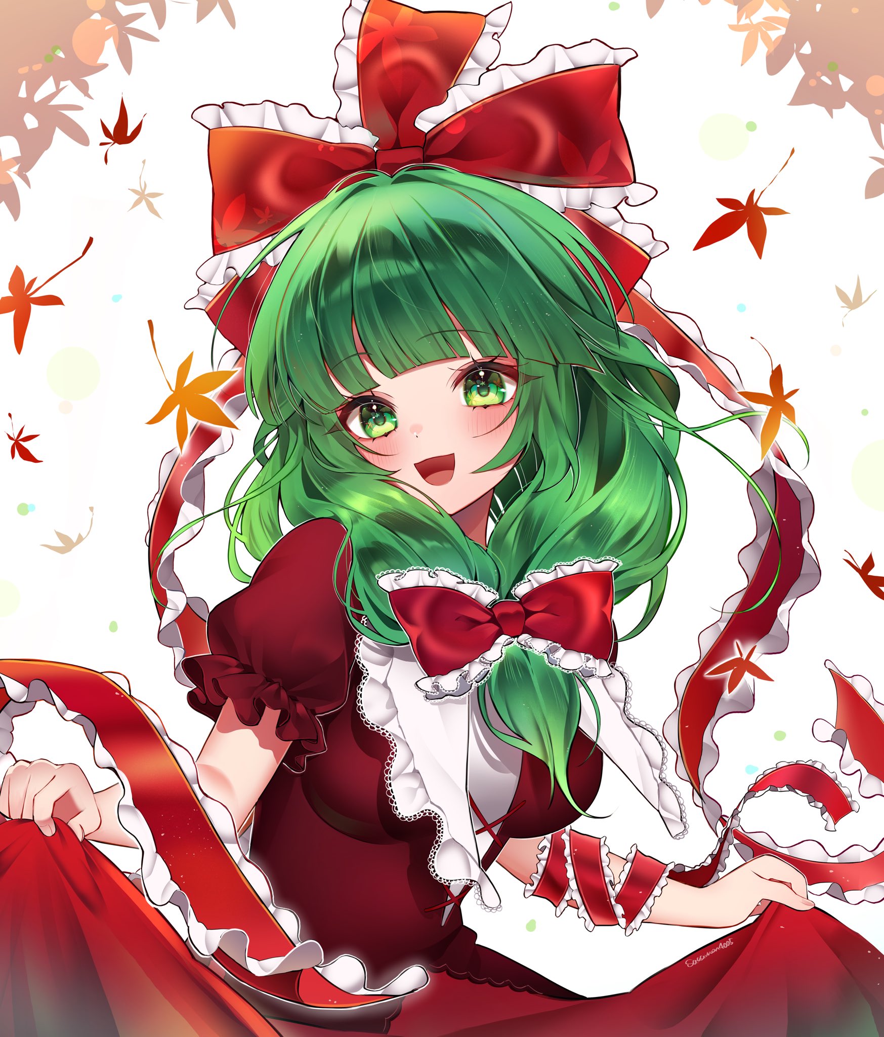 samon (vxxr8575), kagiyama hina, touhou, commentary, highres, 1girl, autumn leaves, bow, dress, falling leaves, frilled bow, frilled ribbon, frilled sleeves, frills, green eyes, green hair, hair bow, leaf, looking at viewer, open mouth, puffy short sleeves, puffy sleeves, red bow, red dress, red ribbon, ribbon, short sleeves, skirt hold, solo