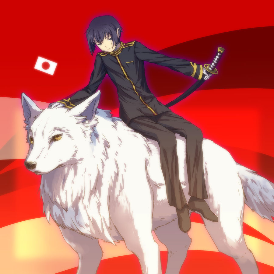 mimana, japan (hetalia), axis powers hetalia, 00s, 1boy, animal, black eyes, black hair, flag, japan, japanese flag, katana, male focus, military, military uniform, short hair, solo, sword, weapon, white wolf, wolf, yellow eyes