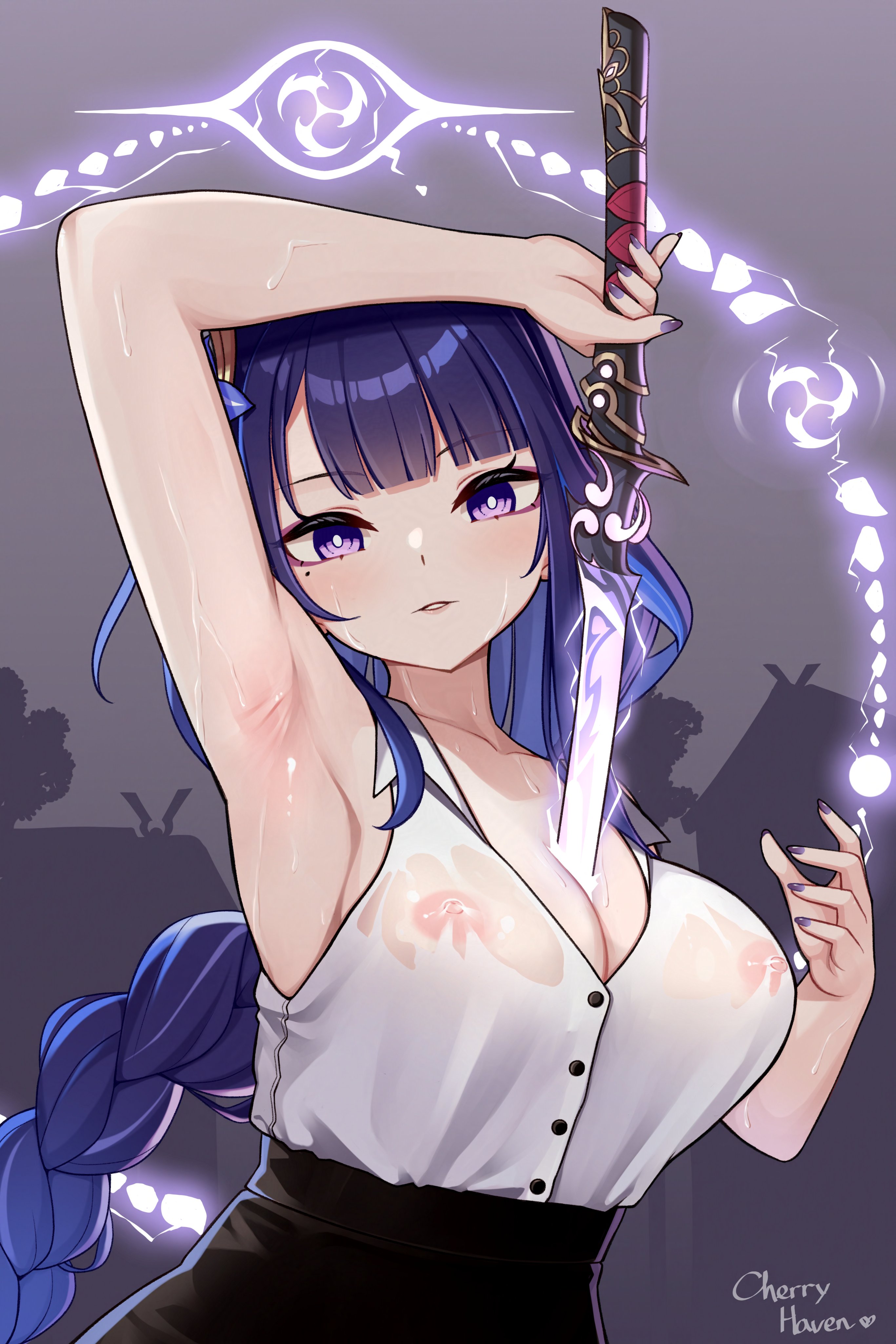 jianzefanya, raiden shogun, genshin impact, absurdres, commentary, highres, symbol-only commentary, 1girl, alternate costume, armpits, artist name, bare arms, braid, breasts, cleavage, holding, holding sword, holding weapon, human scabbard, katana, large breasts, long hair, looking at viewer, low-braided long hair, low-tied long hair, mole, mole under eye, musou isshin (genshin impact), nipples, parted lips, purple eyes, purple hair, purple nails, see-through clothes, see-through shirt, shirt, shirt tucked in, sleeveless, sleeveless shirt, solo, sword, sword between breasts, upper body, weapon, white shirt