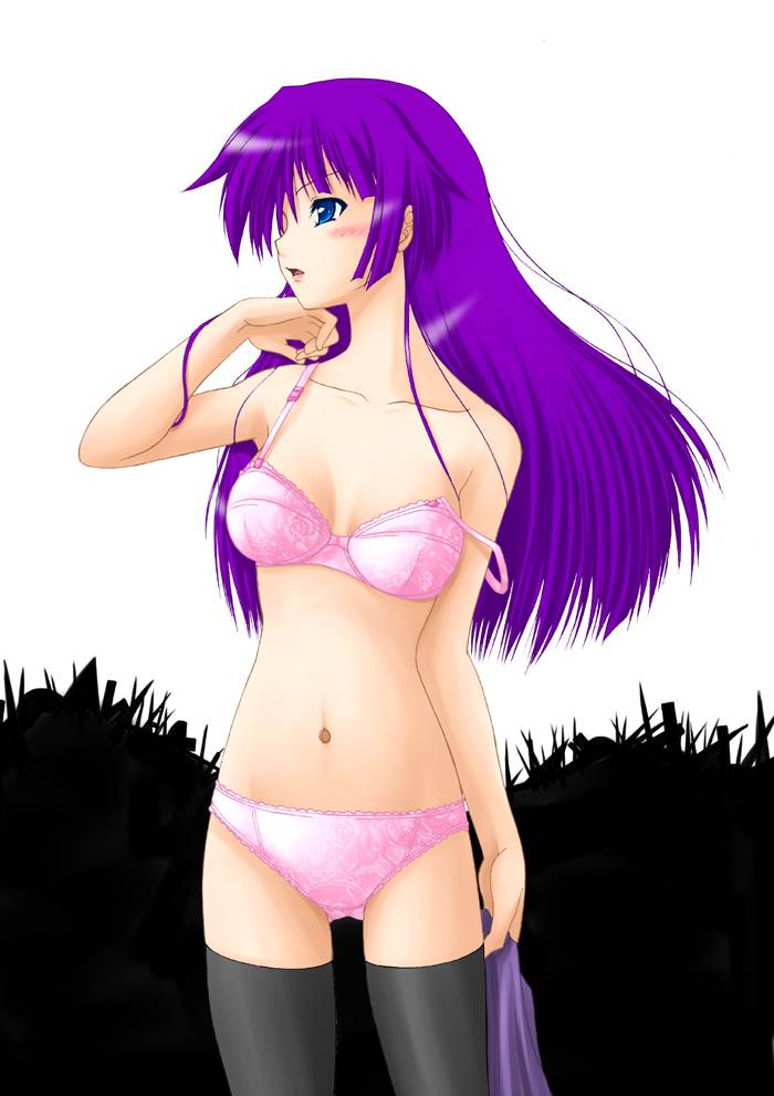 akanako, akanako (pixiv), senjougahara hitagi, bakemonogatari, monogatari (series), 00s, 1girl, blue eyes, blush, bra, breasts, cleavage, female focus, lingerie, long hair, navel, panties, purple hair, solo, thighhighs, underwear, underwear only