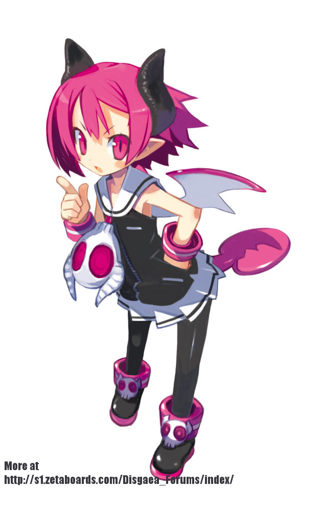 harada takehito, raspberyl, disgaea, makai senki disgaea 3, official art, 1girl, aged down, demon, demon girl, female focus, monster girl, pink eyes, pink hair, solo, tail, wings