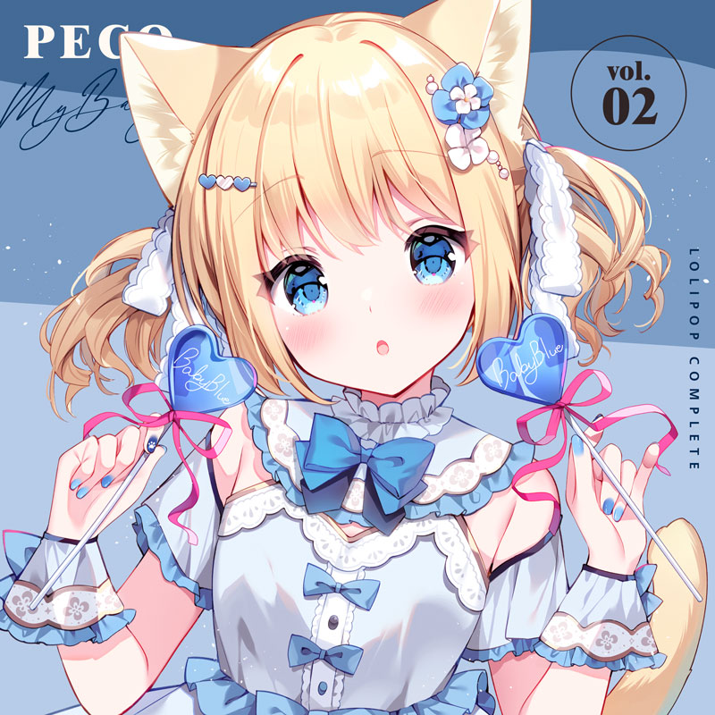 irori, original, commentary request, 1girl, :o, animal ears, blonde hair, blue background, blue bow, blue bowtie, blue dress, blue eyes, blush, bow, bowtie, candy, cat ears, cat girl, cat tail, dress, food, frilled sleeves, frills, hair ribbon, heart, heart-shaped food, heart-shaped lollipop, holding, holding candy, holding food, holding lollipop, lollipop, looking at viewer, open mouth, ribbon, shaped lollipop, short hair, short sleeves, solo, tail, twintails, upper body, white ribbon, wrist cuffs