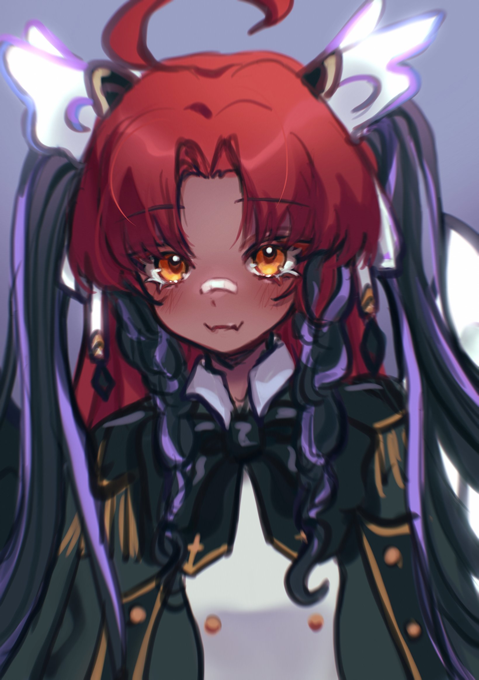cloud (lufaeris), original, commentary, english commentary, highres, 1girl, ahoge, bandaid, bandaid on face, bandaid on nose, black hair, black jacket, borrowed character, braid, closed mouth, fangs, jacket, long hair, looking at viewer, multicolored hair, orange eyes, parted bangs, red hair, sketch, skin fangs, smile, solo, twin braids, two-tone hair, two side up, upper body