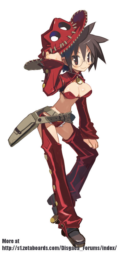 harada takehito, gunner (disgaea), gunslinger (disgaea), disgaea, makai senki disgaea 3, official art, 1girl, belt, belt skirt, breasts, brown hair, cowboy hat, cowboy western, female focus, glasses, gun, hat, large breasts, red eyes, solo, spiked hair, weapon