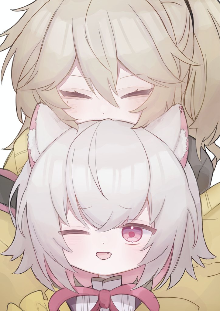 kasukabe tsumugi, sayo (voicevox), voicevox, commentary request, commission, skeb commission, 2girls, animal ear fluff, animal ears, arazan (ara arazan24), blonde hair, cardigan, cat ears, close-up, closed eyes, colored inner hair, face in hair, fang, messy hair, mole, mole under eye, multicolored hair, multiple girls, neck ribbon, one eye closed, one side up, open mouth, pink eyes, pink hair, red ribbon, ribbon, short hair, smile, white hair, yellow cardigan