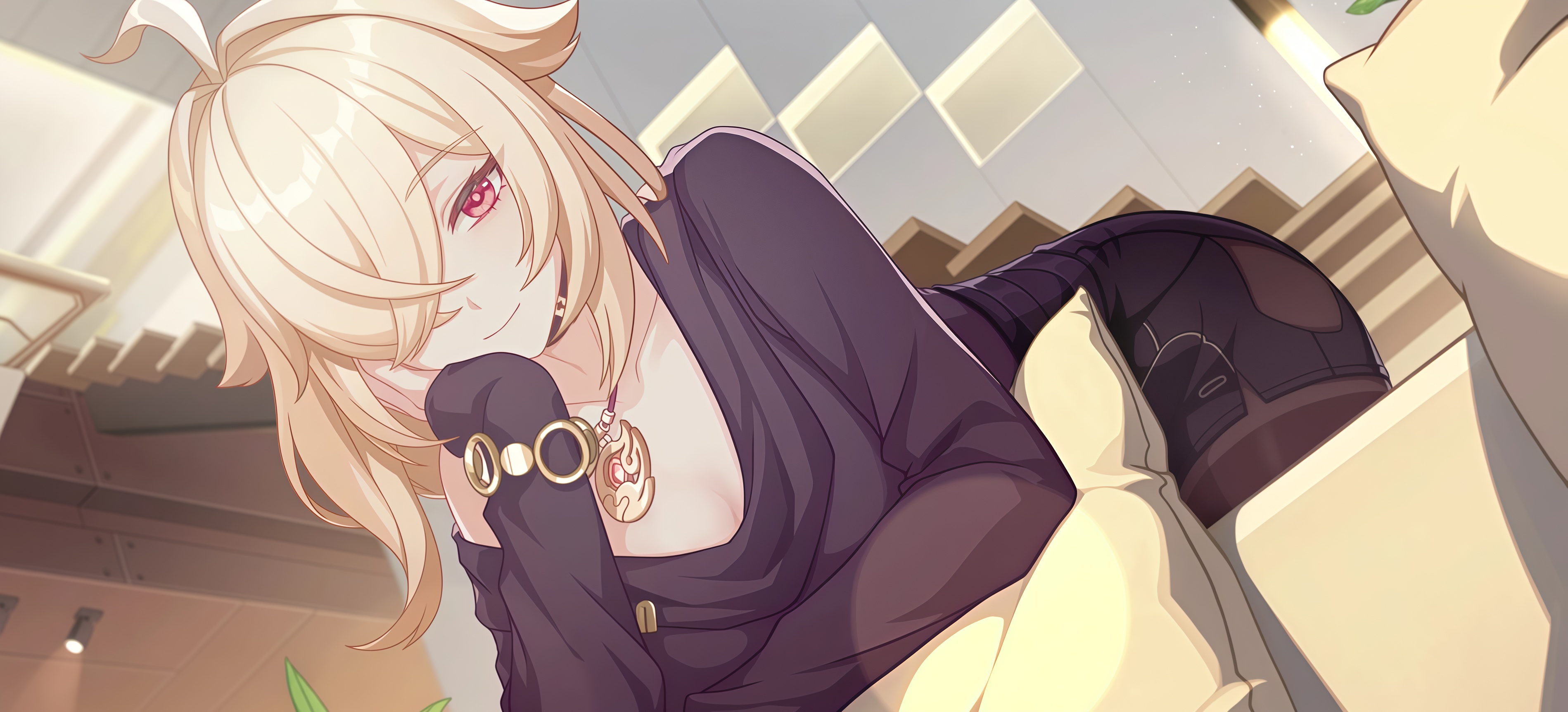 chenxue (honkai impact), honkai (series), honkai impact 3rd, mihoyo, original, absurdres, highres, non-web source, 1girl, black choker, blonde hair, choker, hair over one eye, long hair, looking at viewer, red eyes, shirt, smile