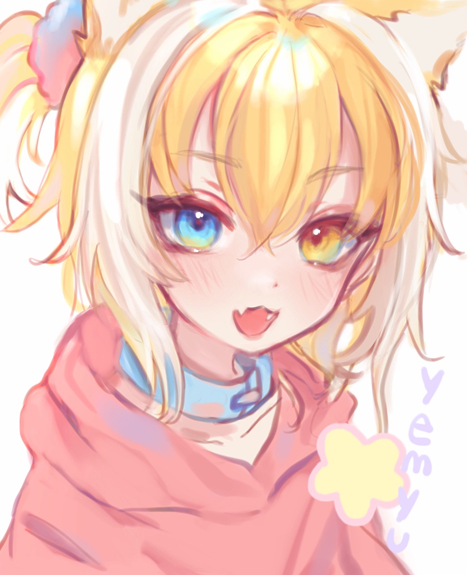 cloud (lufaeris), original, 1girl, blonde hair, blue collar, blue eyes, collar, double-parted bangs, fang, hair between eyes, heterochromia, hood, hoodie, looking at viewer, open mouth, pink hoodie, short hair, simple background, skin fang, smile, solo, upper body, white background, yellow eyes