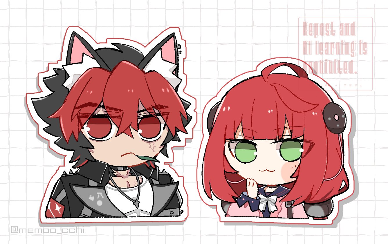 komano manato, ukinami yuzuha, zenless zone zero, commentary, symbol-only commentary, 1boy, 1girl, :<, :3, animal ear fluff, animal ear piercing, animal ears, black hair, black jacket, black sailor collar, cardigan, checkered background, chest bow, chibi, chibi only, closed mouth, collar, collarbone, crossed bangs, dog boy, dog ears, green eyes, hair between eyes, hair ornament, hand on own chin, hearing aid, jacket, jewelry, leaf in mouth, long hair, low twintails, memoo cchi, multicolored hair, multiple scars, muscular, muscular male, necklace, no pupils, pink cardigan, red eyes, red hair, sailor collar, scar, scar across eye, scar on chest, scar on face, shirt, short hair, sphere hair ornament, spiked jacket, twintails, twitter username, upper body, white background, white shirt