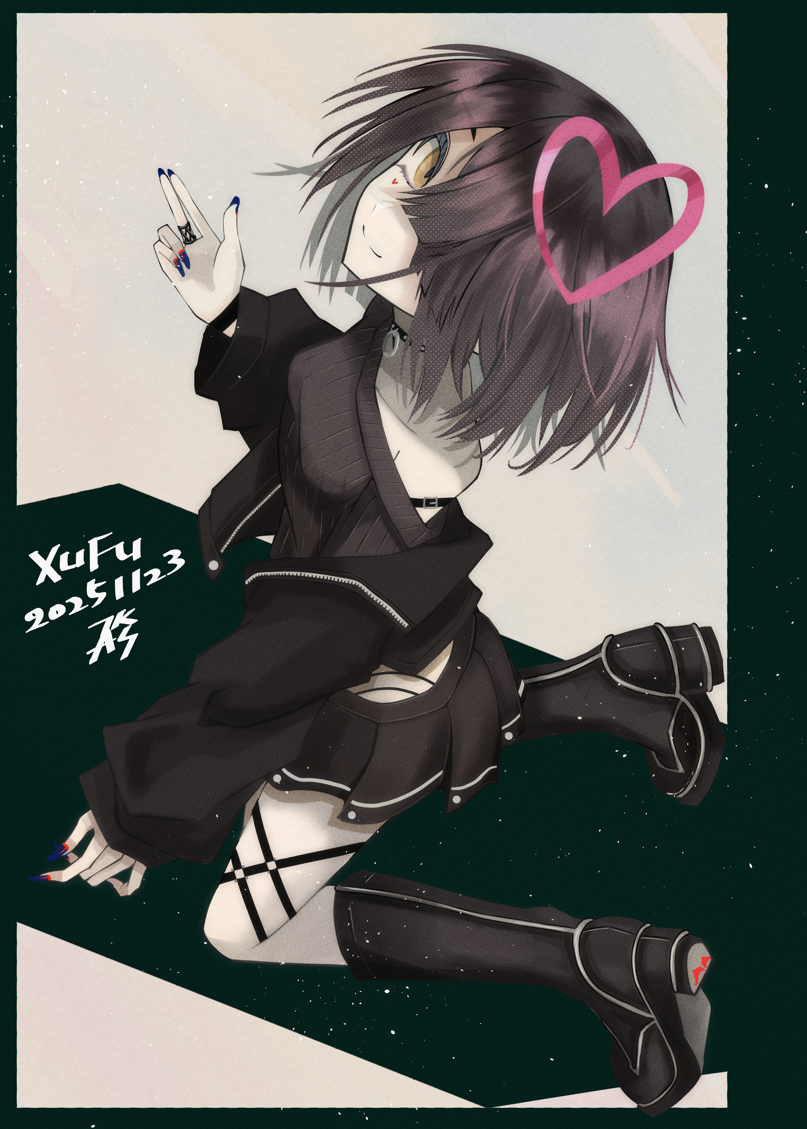 tsukaasa, xu fu (fate), fate/grand order, fate (series), absurdres, commentary request, highres, 1girl, bare shoulders, black boots, black hair, black jacket, black skirt, black sweater, boots, breasts, brown eyes, hair over one eye, heart, jacket, knee boots, long sleeves, looking at viewer, miniskirt, mole, mole under eye, off shoulder, short hair, skirt, small breasts, smile, solo, sweater